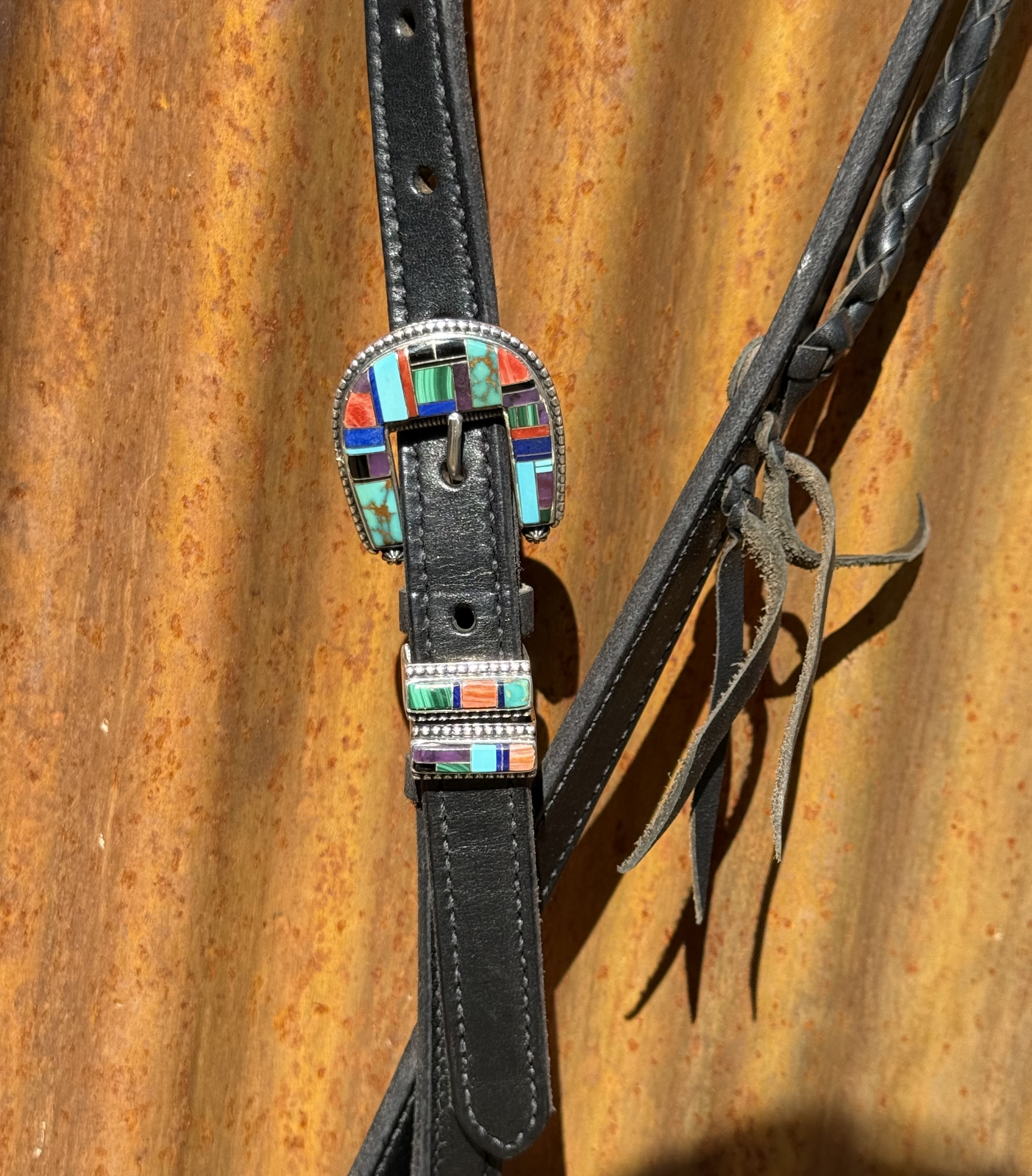 Braided Slip Ear Black Leather Headstall with Vintage Sterling Silver Buckle Set - Image 2