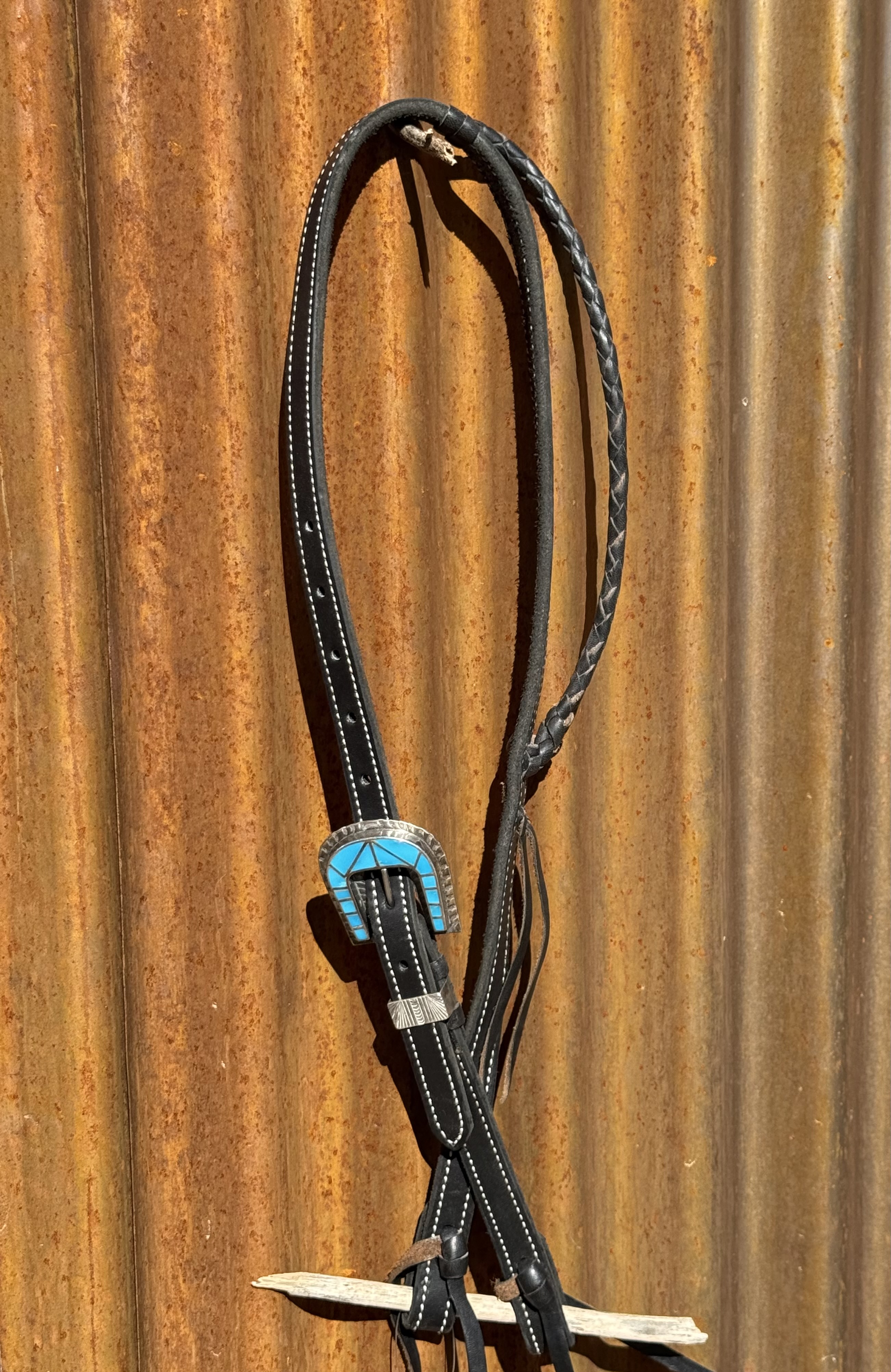 Braided Slip Ear Black Leather Headstall with Vintage Sterling Silver Buckle Set