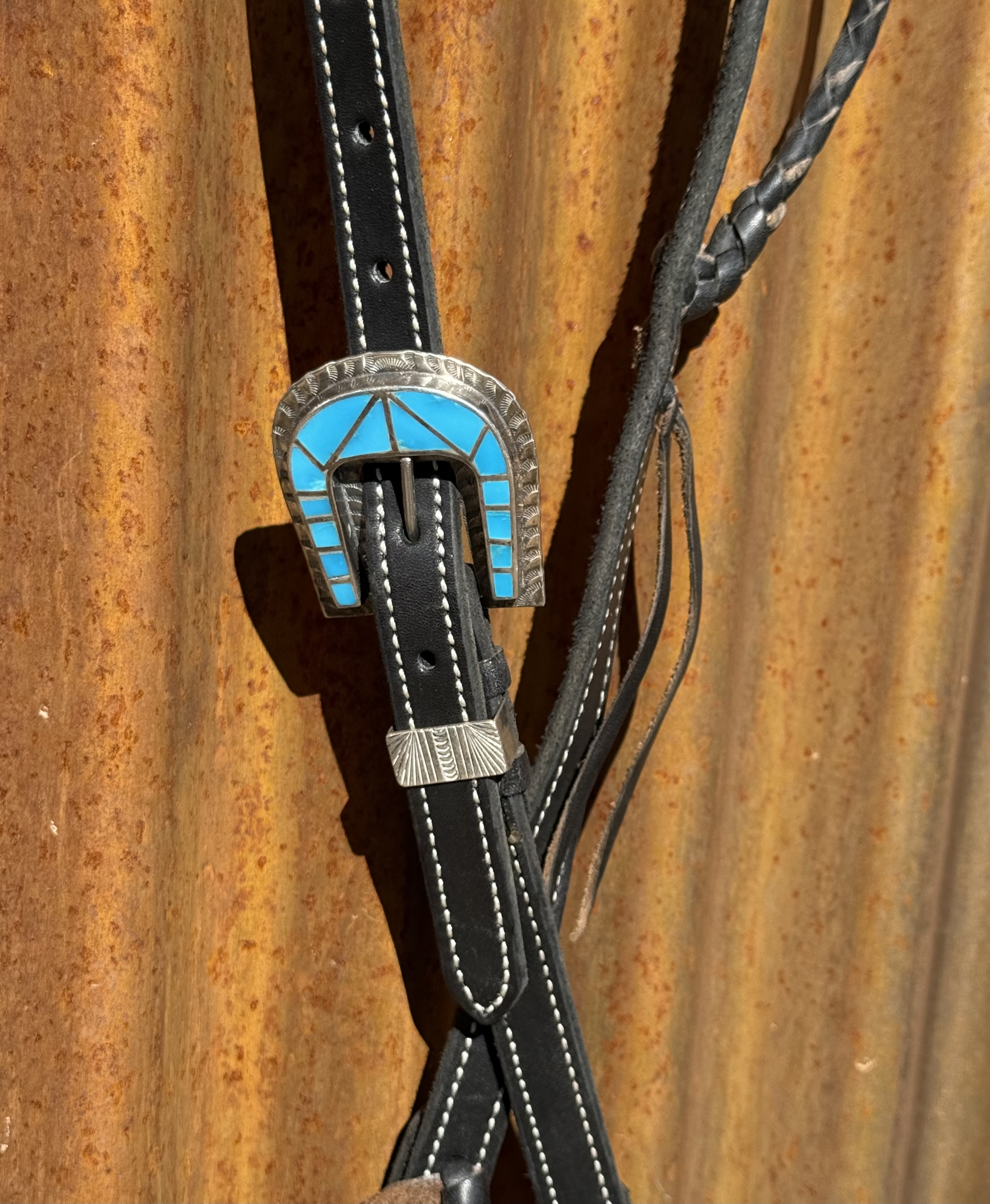 Braided Slip Ear Black Leather Headstall with Vintage Sterling Silver Buckle Set - Image 2