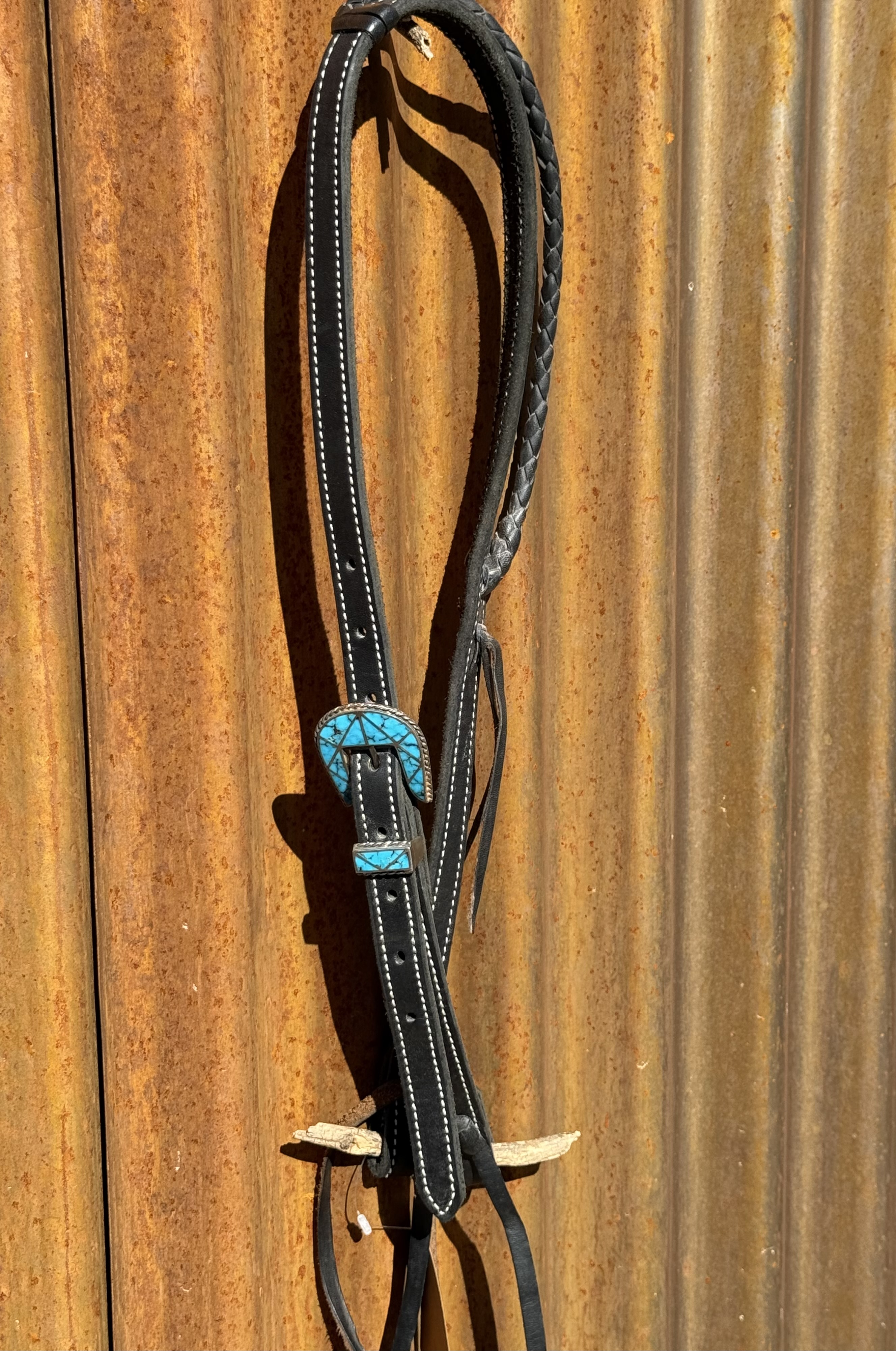 Braided Slip Ear Black Leather Headstall with Vintage Sterling Silver Buckle Set