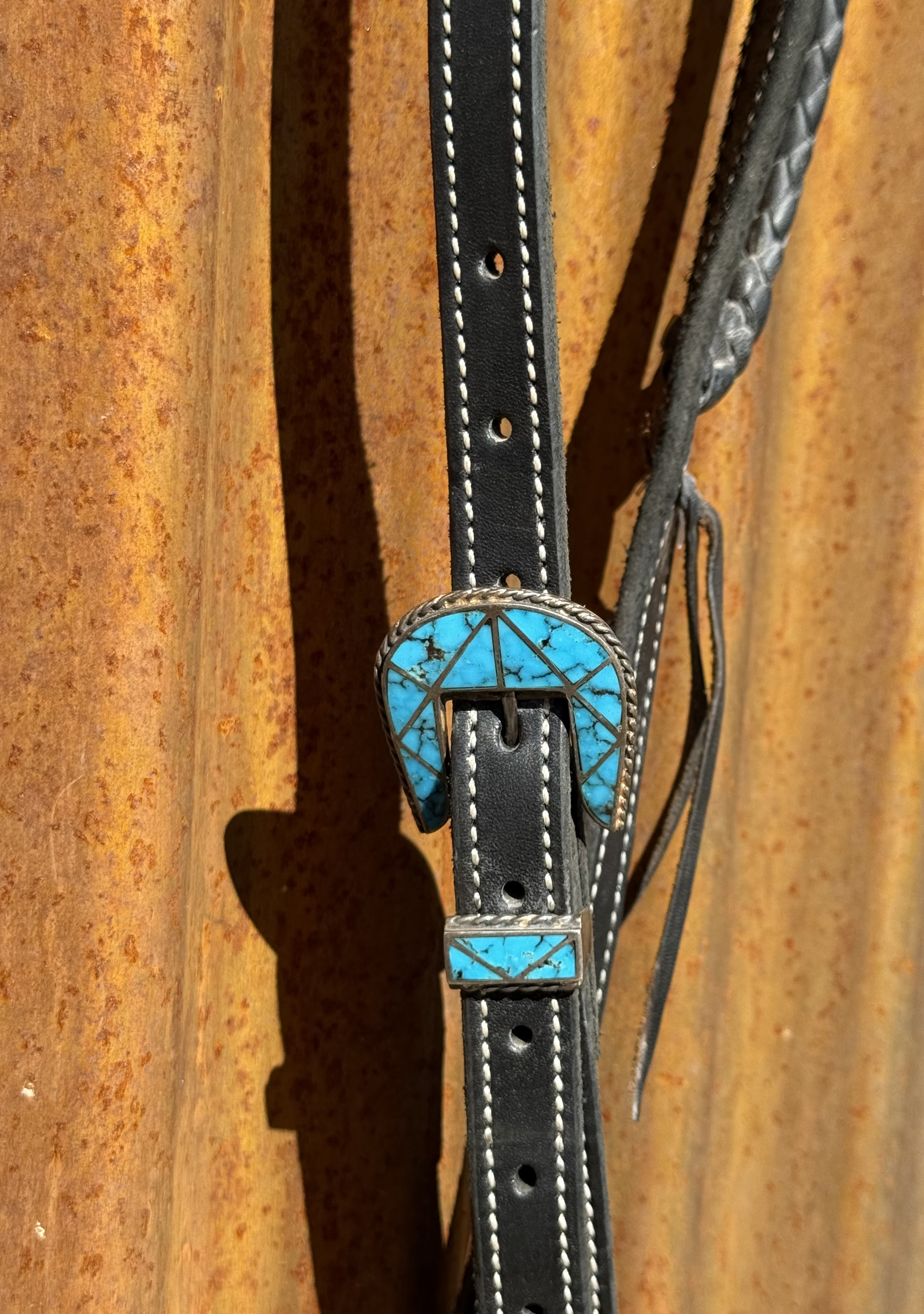 Braided Slip Ear Black Leather Headstall with Vintage Sterling Silver Buckle Set - Image 2