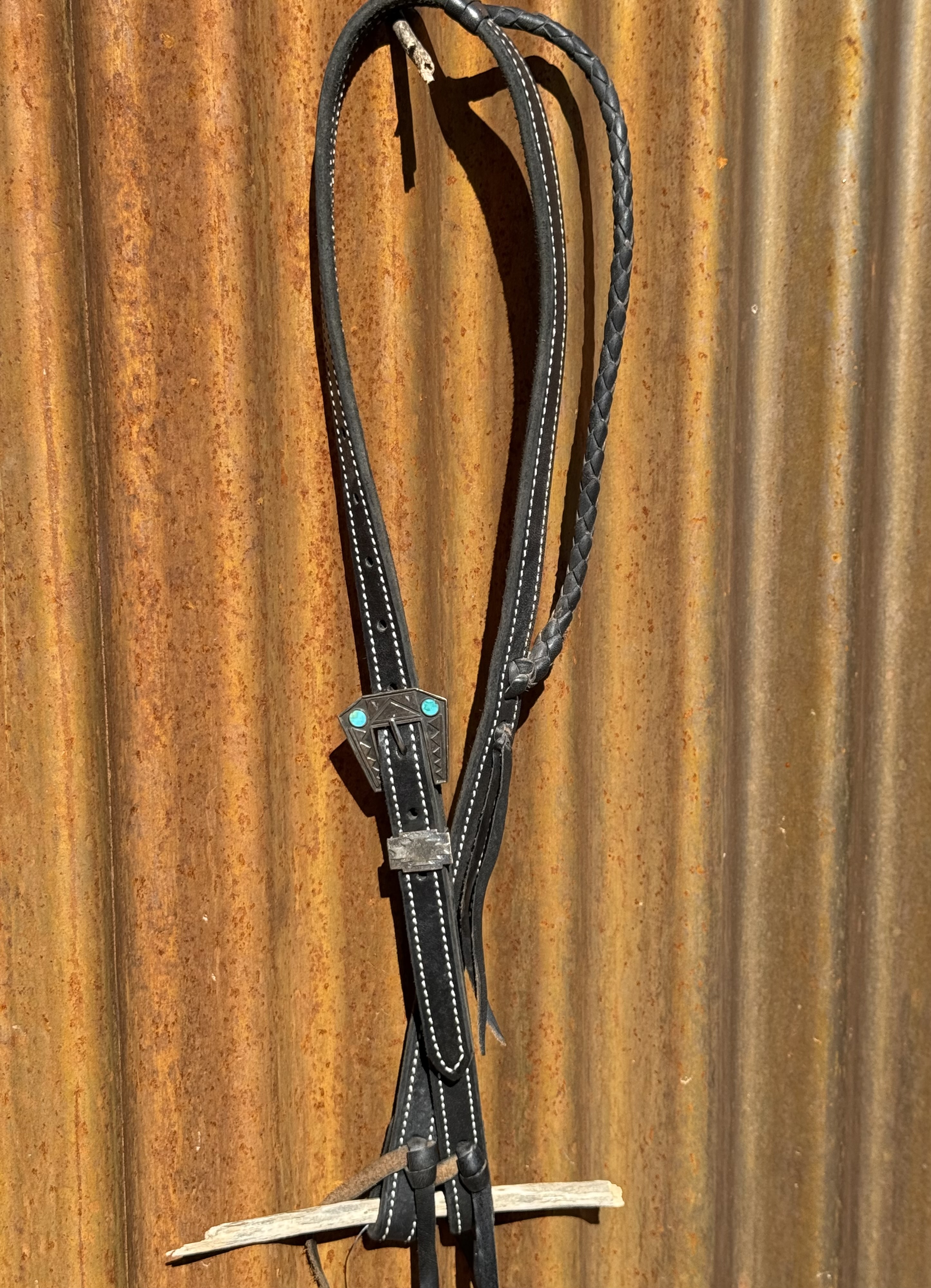 Braided Slip Ear Black Leather Headstall with Vintage Sterling Silver Buckle Set