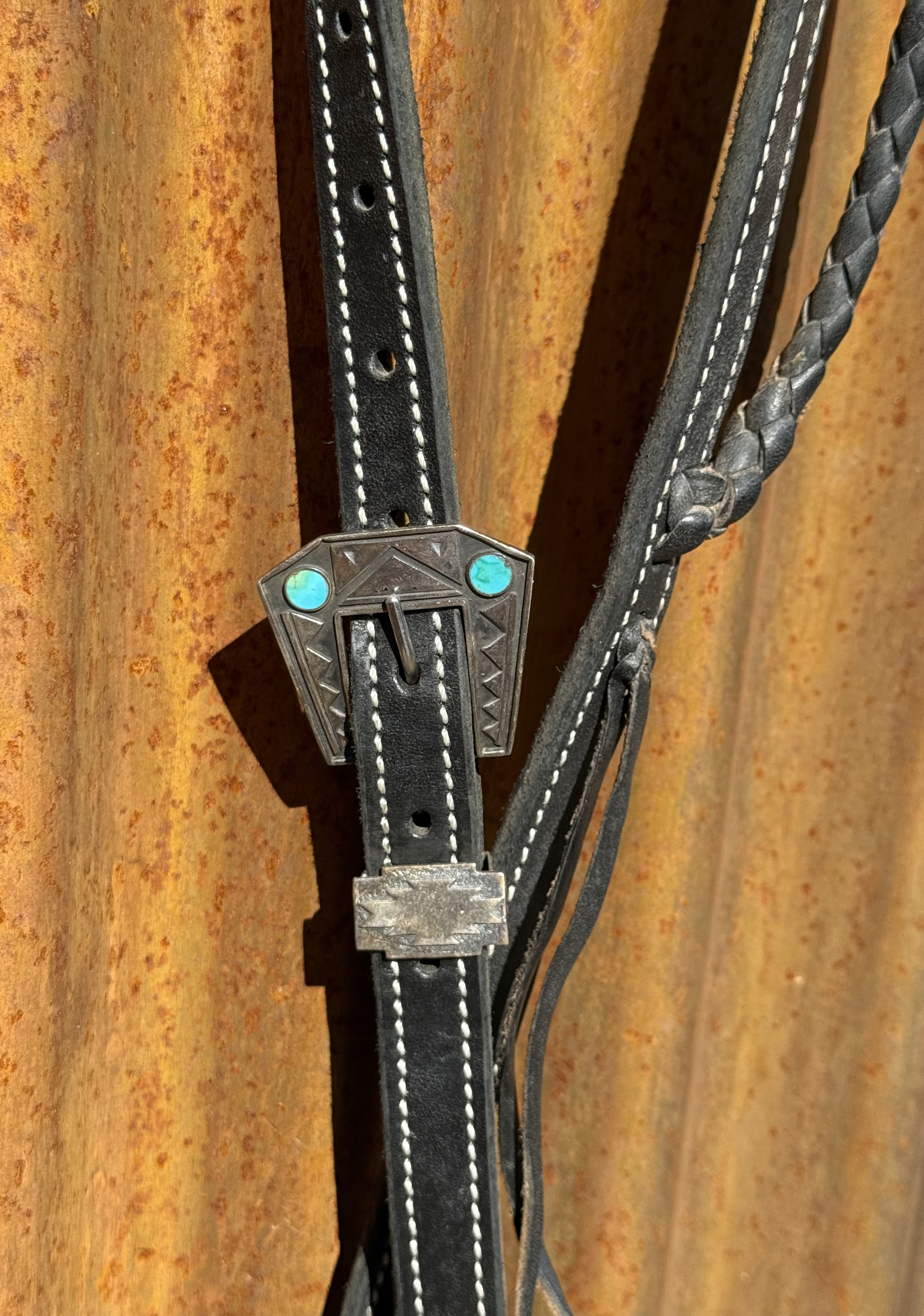 Braided Slip Ear Black Leather Headstall with Vintage Sterling Silver Buckle Set - Image 2