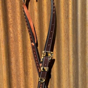 Slip Ear Chocolate Leather and Tan Buckstitch Headstall with Vintage Brass Buckle Set