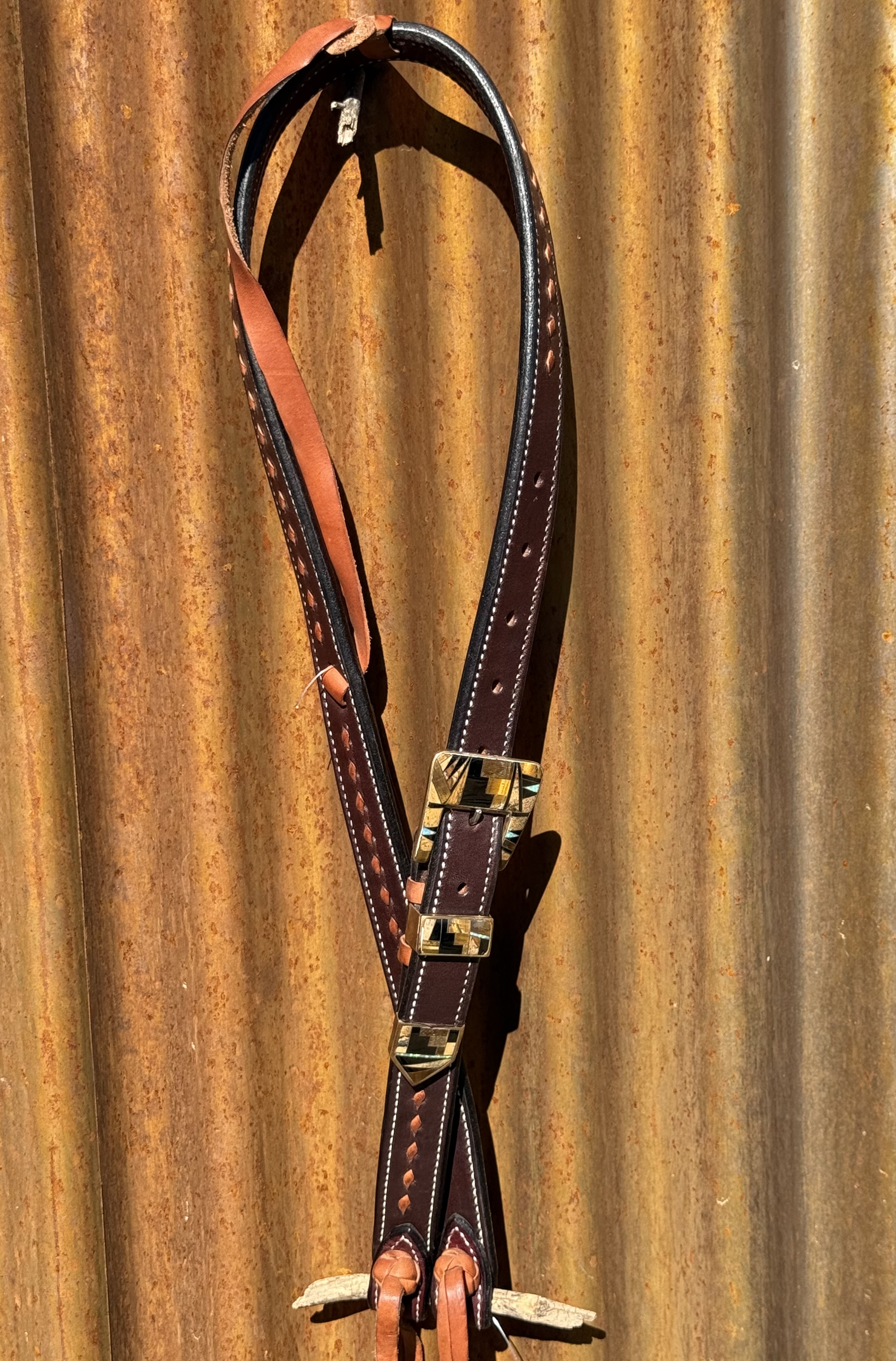 Slip Ear Chocolate Leather and Tan Buckstitch Headstall with Vintage Brass Buckle Set
