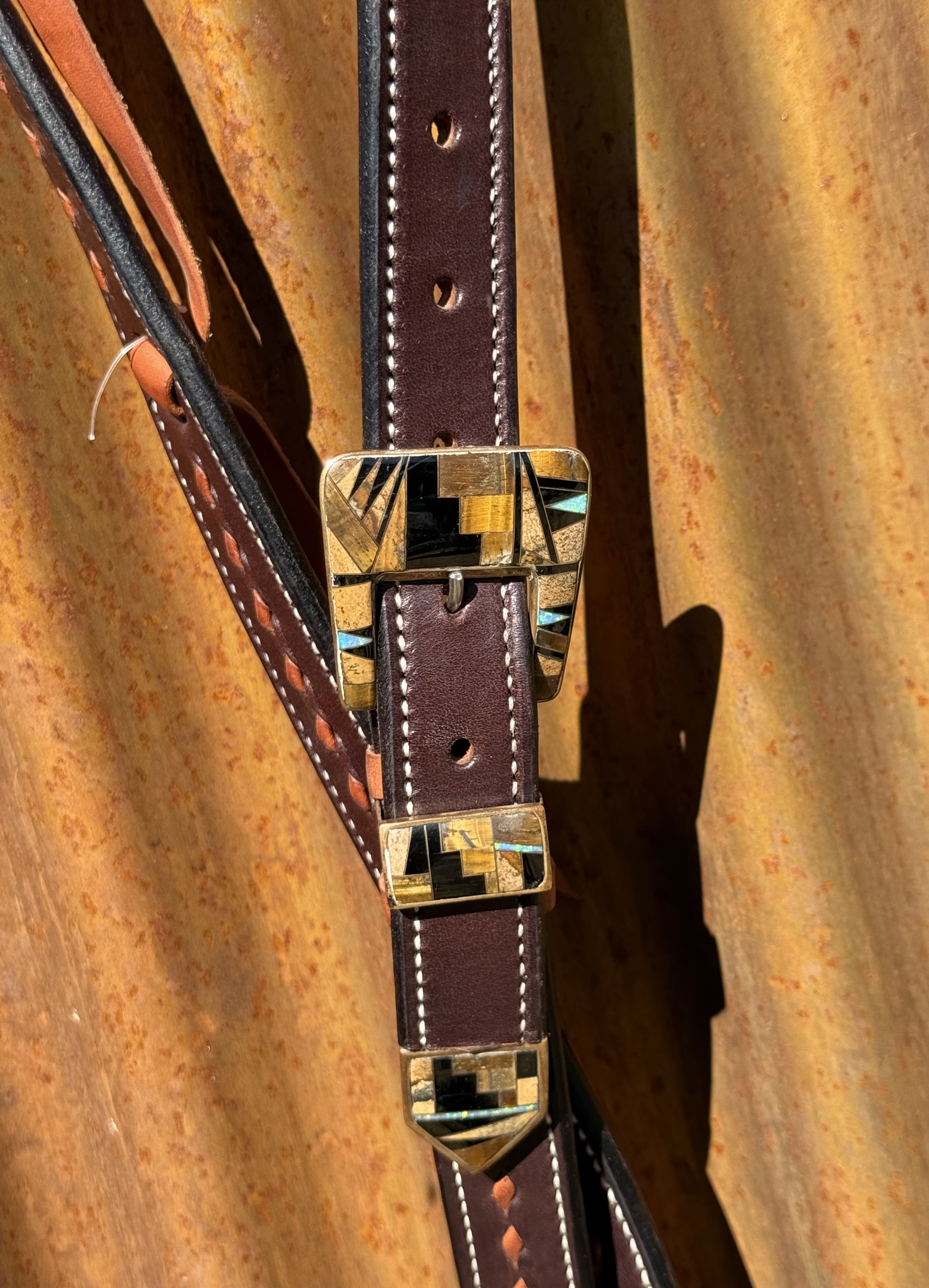 Slip Ear Chocolate Leather and Tan Buckstitch Headstall with Vintage Brass Buckle Set - Image 2