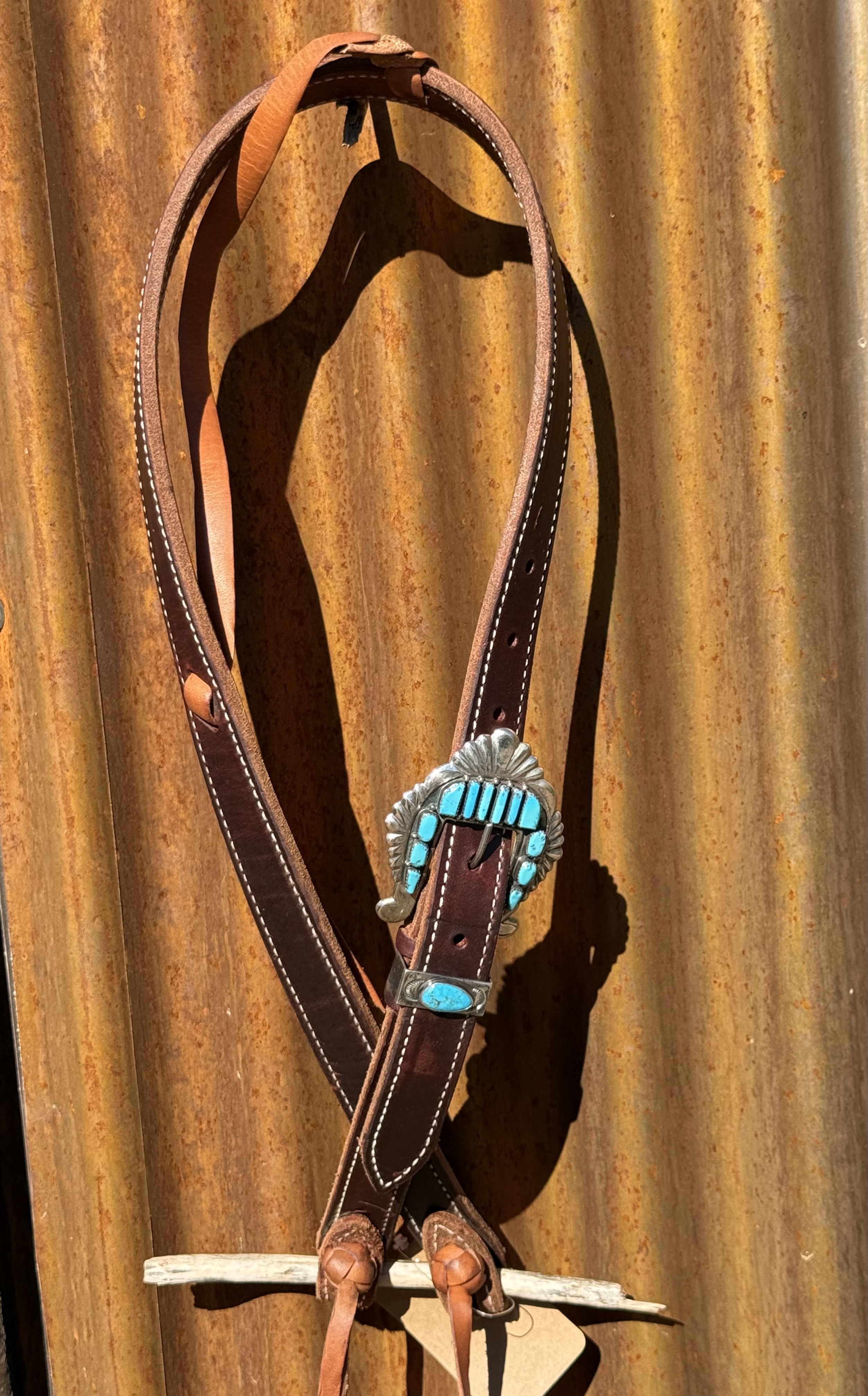 Dark Brown Harness Leather Slip Ear Headstall with Vintage Sterling Silver Buckle Set