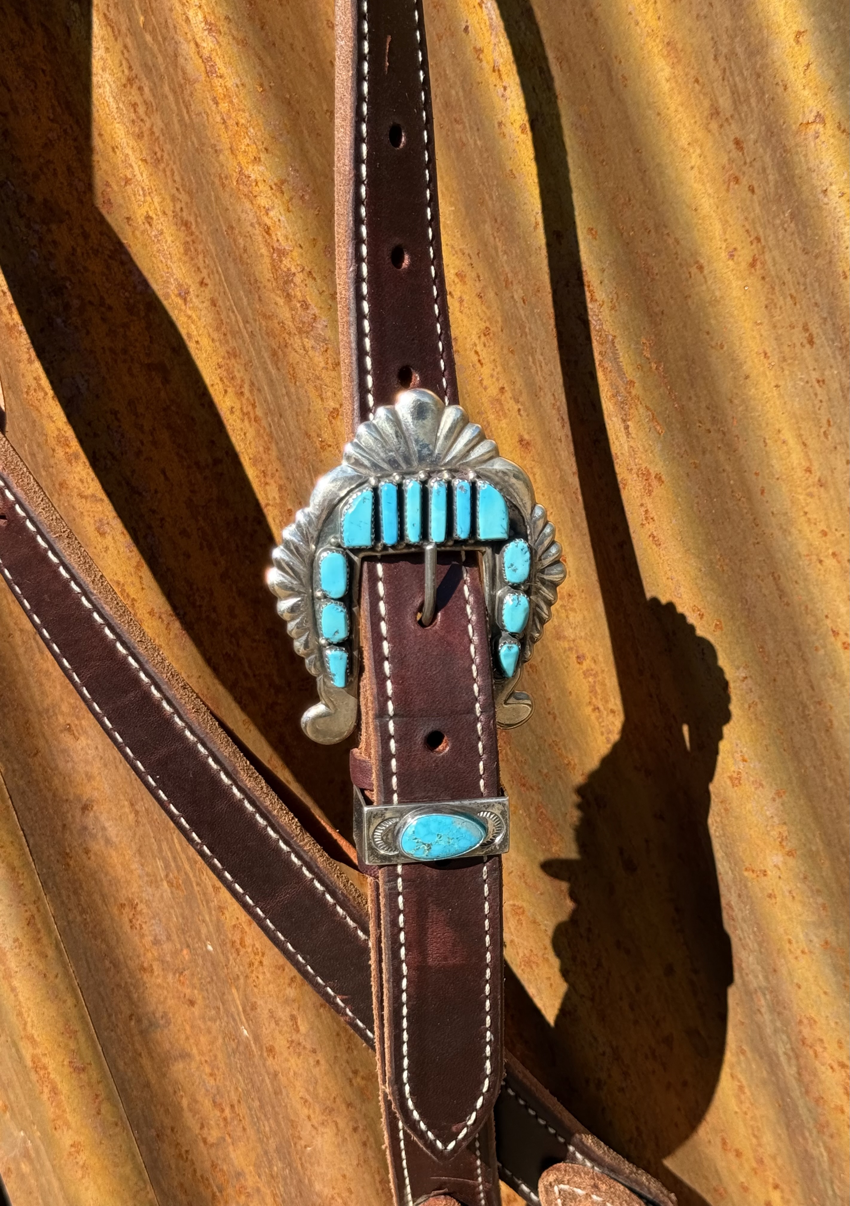 Dark Brown Harness Leather Slip Ear Headstall with Vintage Sterling Silver Buckle Set - Image 2