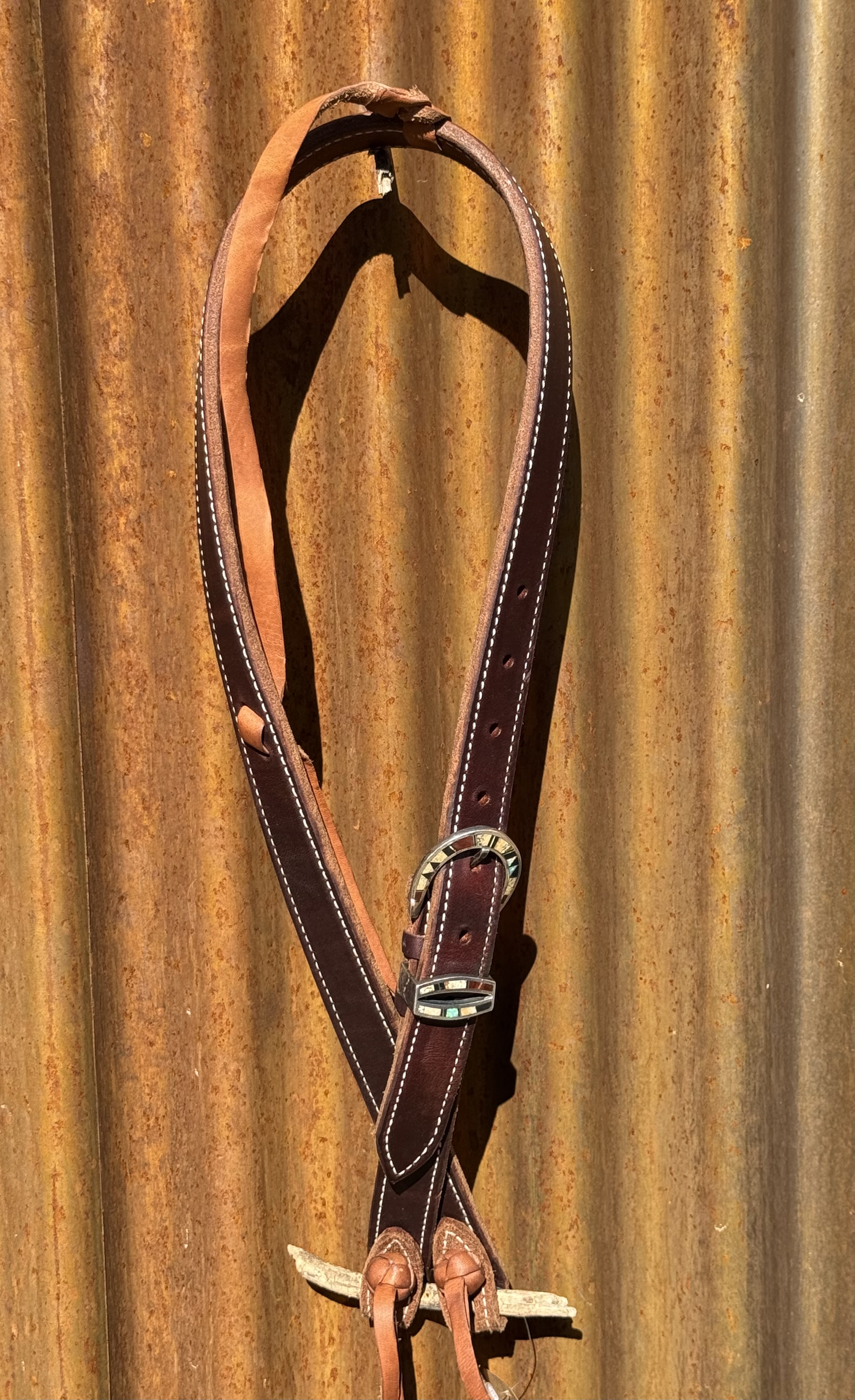 Dark Brown Harness Leather Slip Ear Headstall with Vintage Sterling Silver Buckle Set