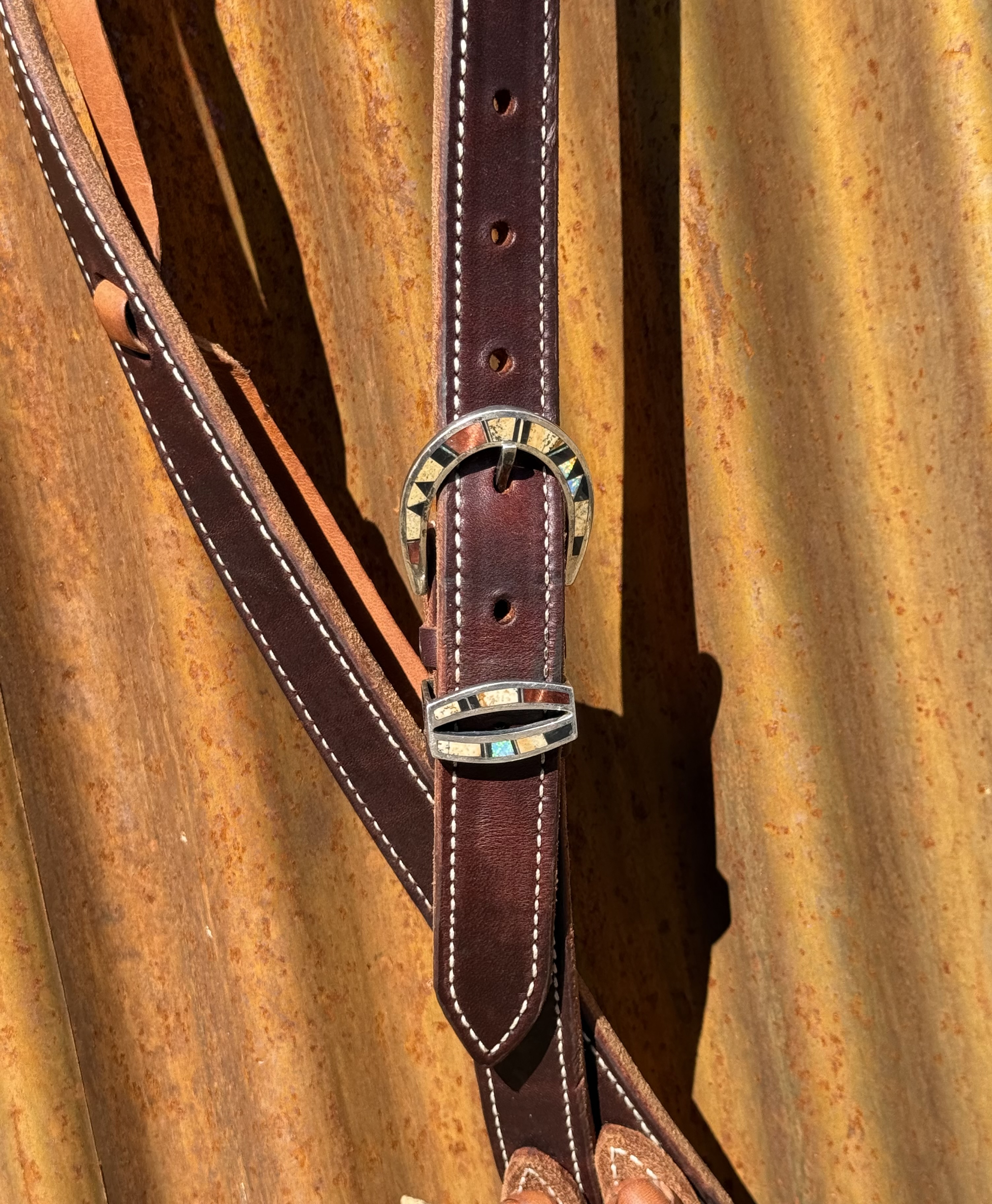Dark Brown Harness Leather Slip Ear Headstall with Vintage Sterling Silver Buckle Set - Image 2