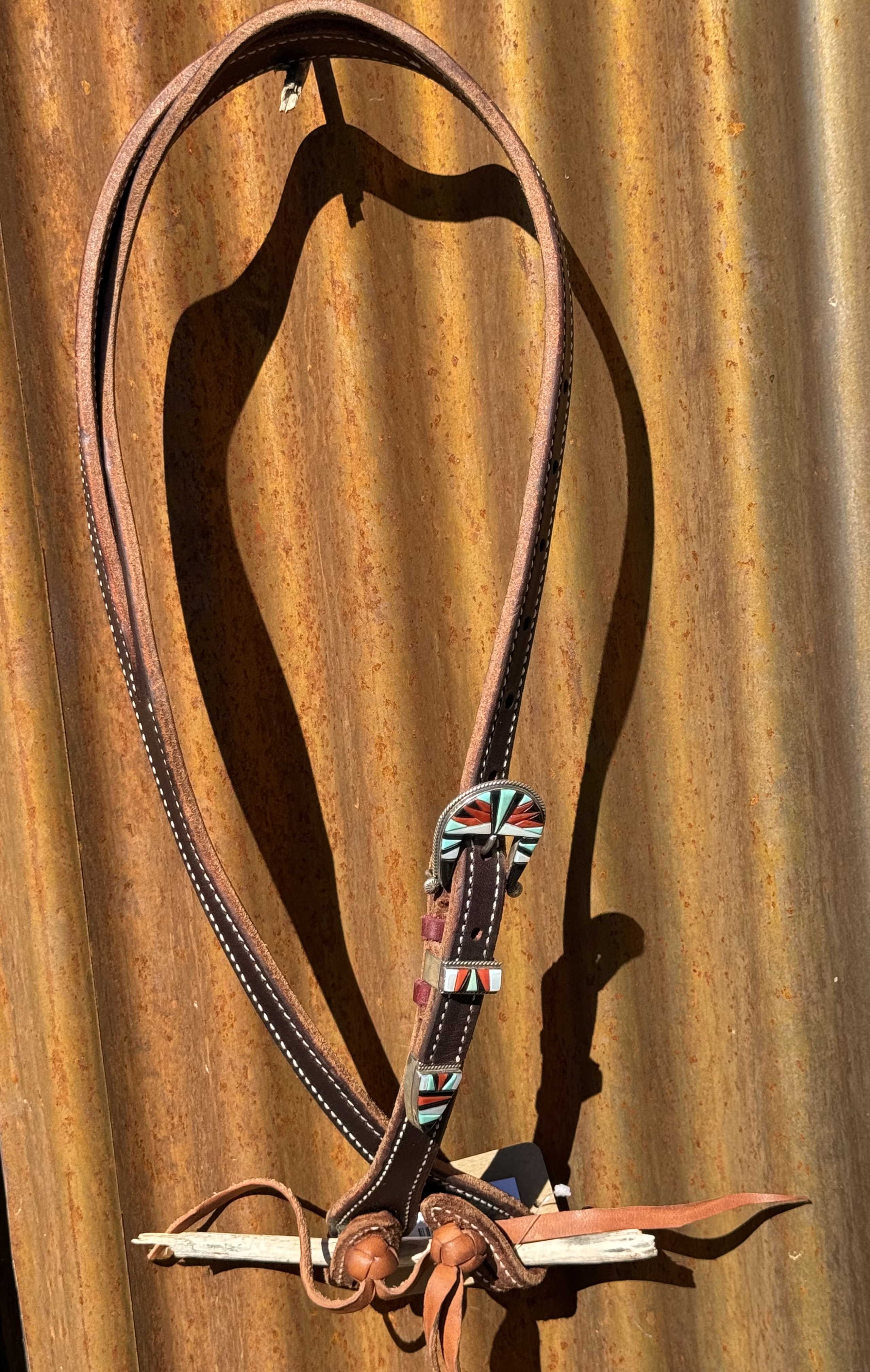 Dark Brown Harness Leather Split Ear Headstall with Vintage Sterling Silver Buckle Set