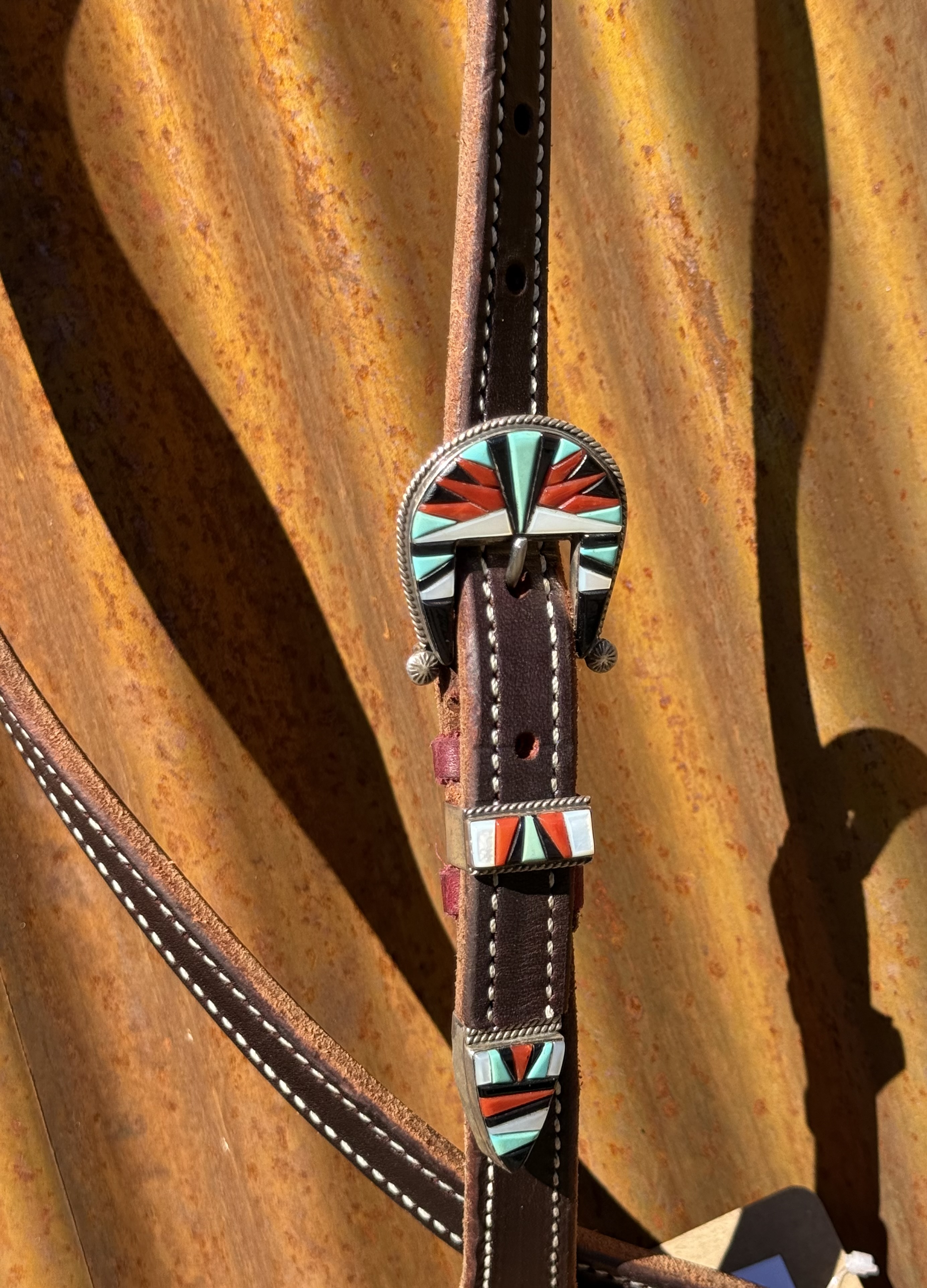 Dark Brown Harness Leather Split Ear Headstall with Vintage Sterling Silver Buckle Set - Image 2