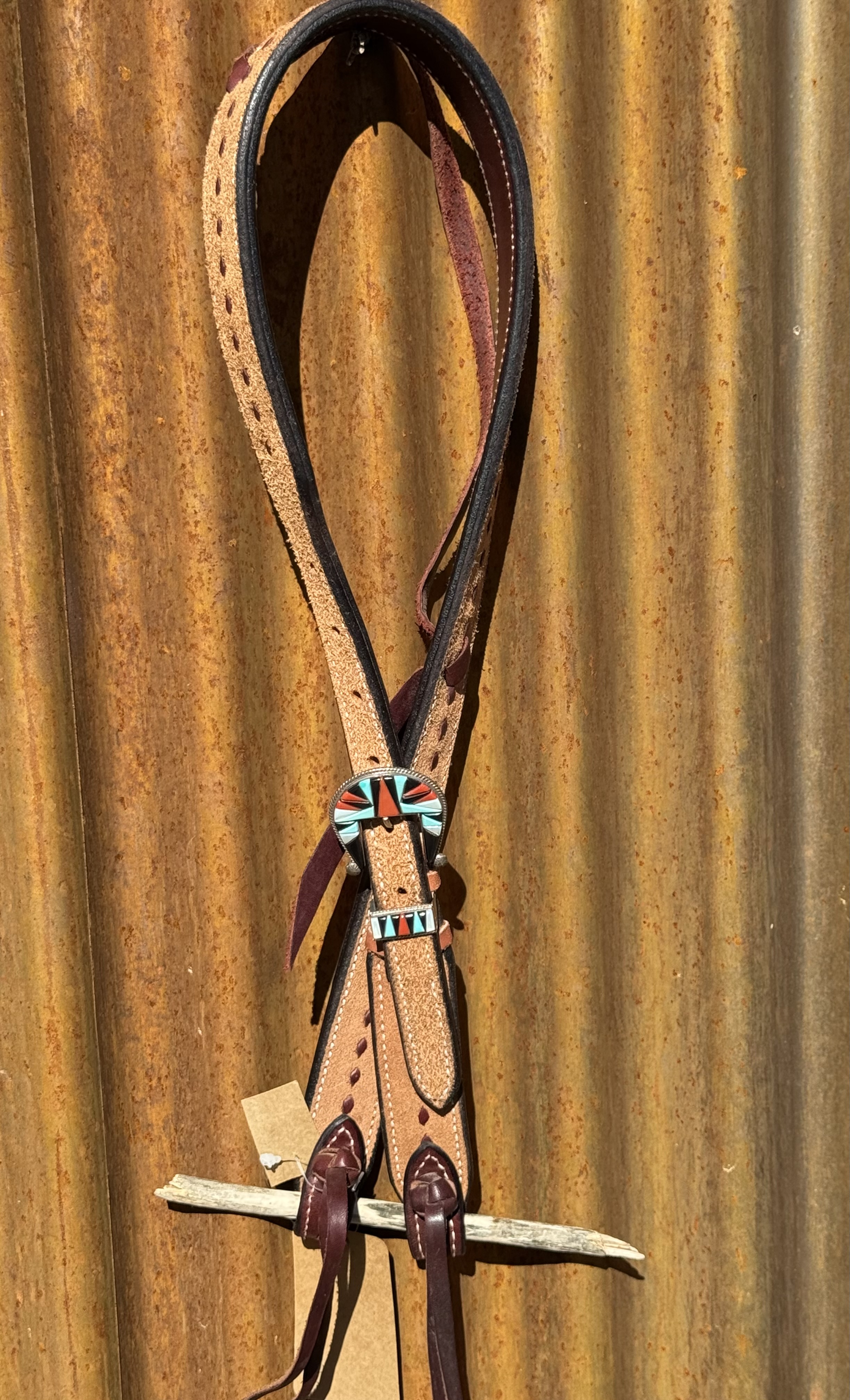Slip Ear Rough Out with Latigo Buckstitch Headstall with Sterling Silver Headstall