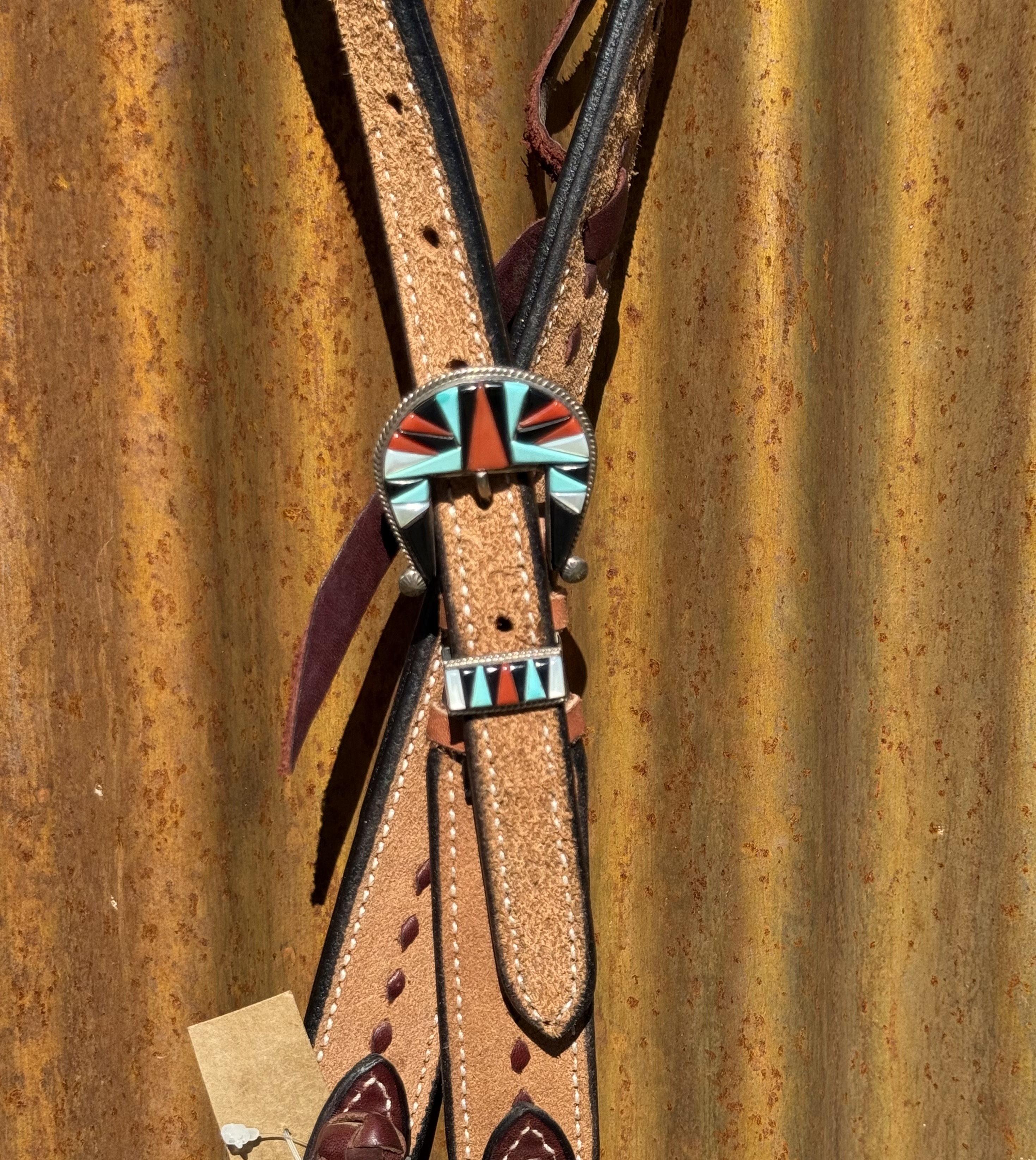 Slip Ear Rough Out with Latigo Buckstitch Headstall with Sterling Silver Headstall - Image 2