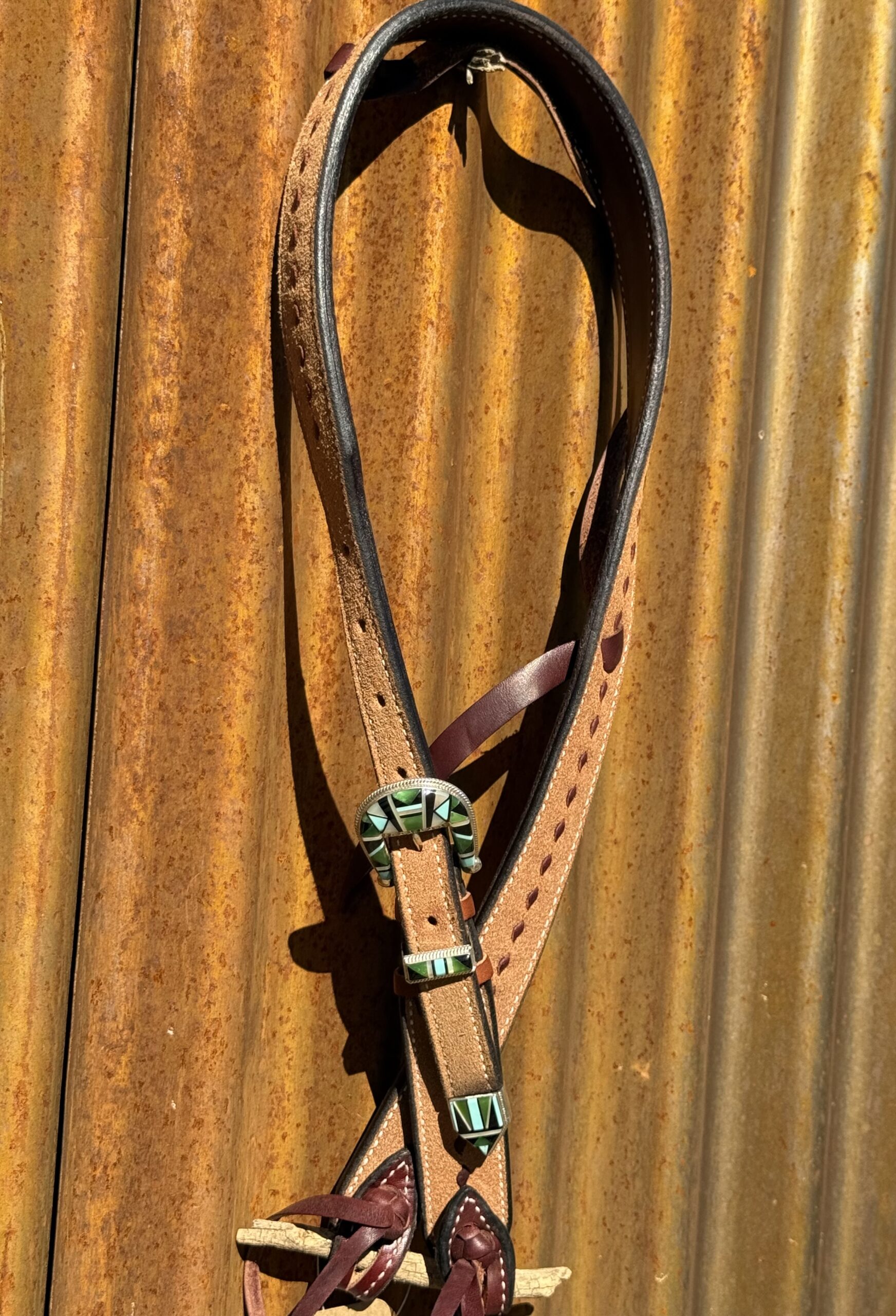Slip Ear Rough Out with Latigo Buckstitch Headstall with Sterling Silver Headstall