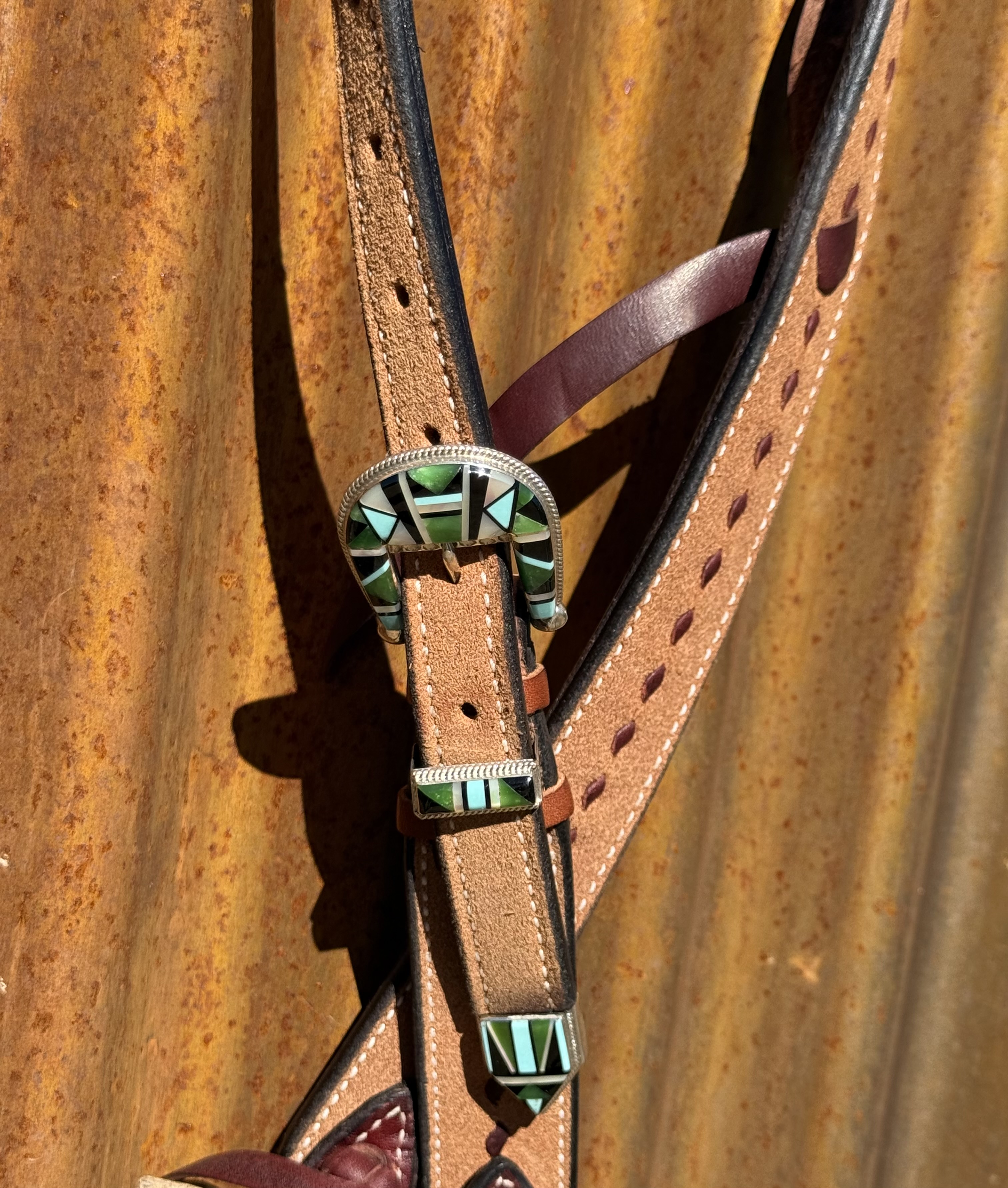 Slip Ear Rough Out with Latigo Buckstitch Headstall with Sterling Silver Headstall - Image 2