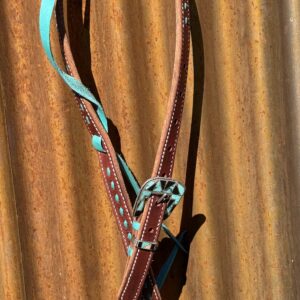 Slip Ear Dark Leather with Turquoise Buckstitch Headstall with Vintage Sterling Silver Headstall