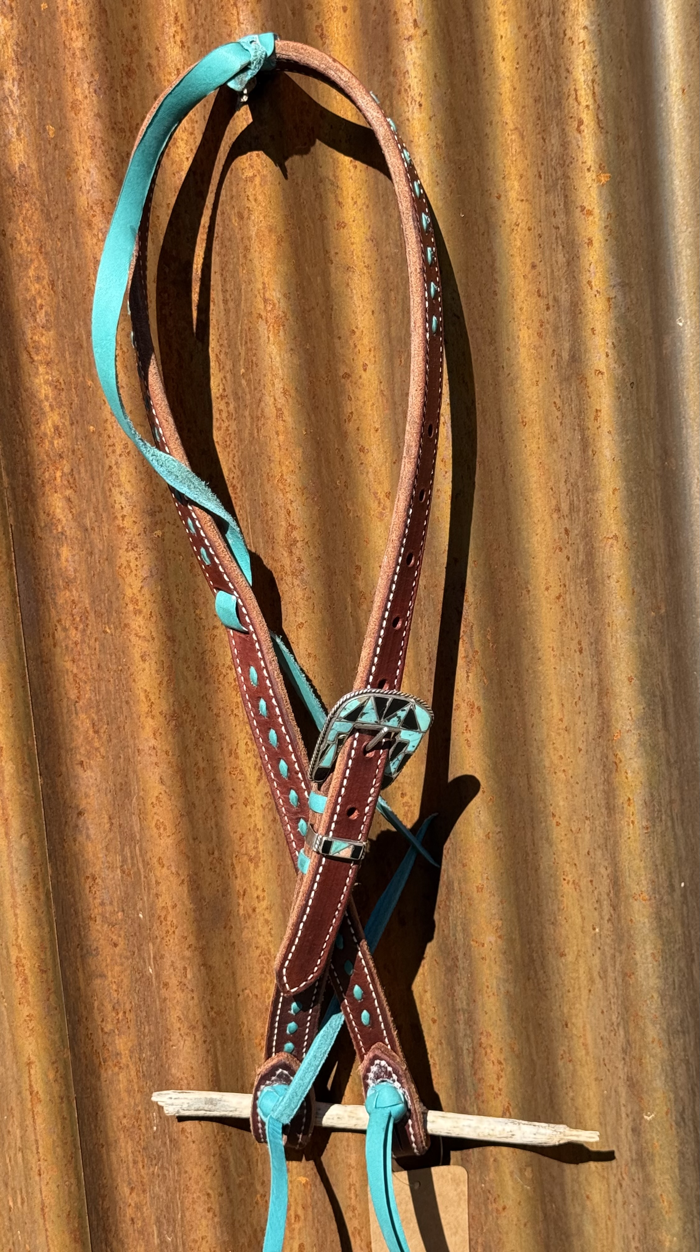 Slip Ear Dark Leather with Turquoise Buckstitch Headstall with Vintage Sterling Silver Headstall