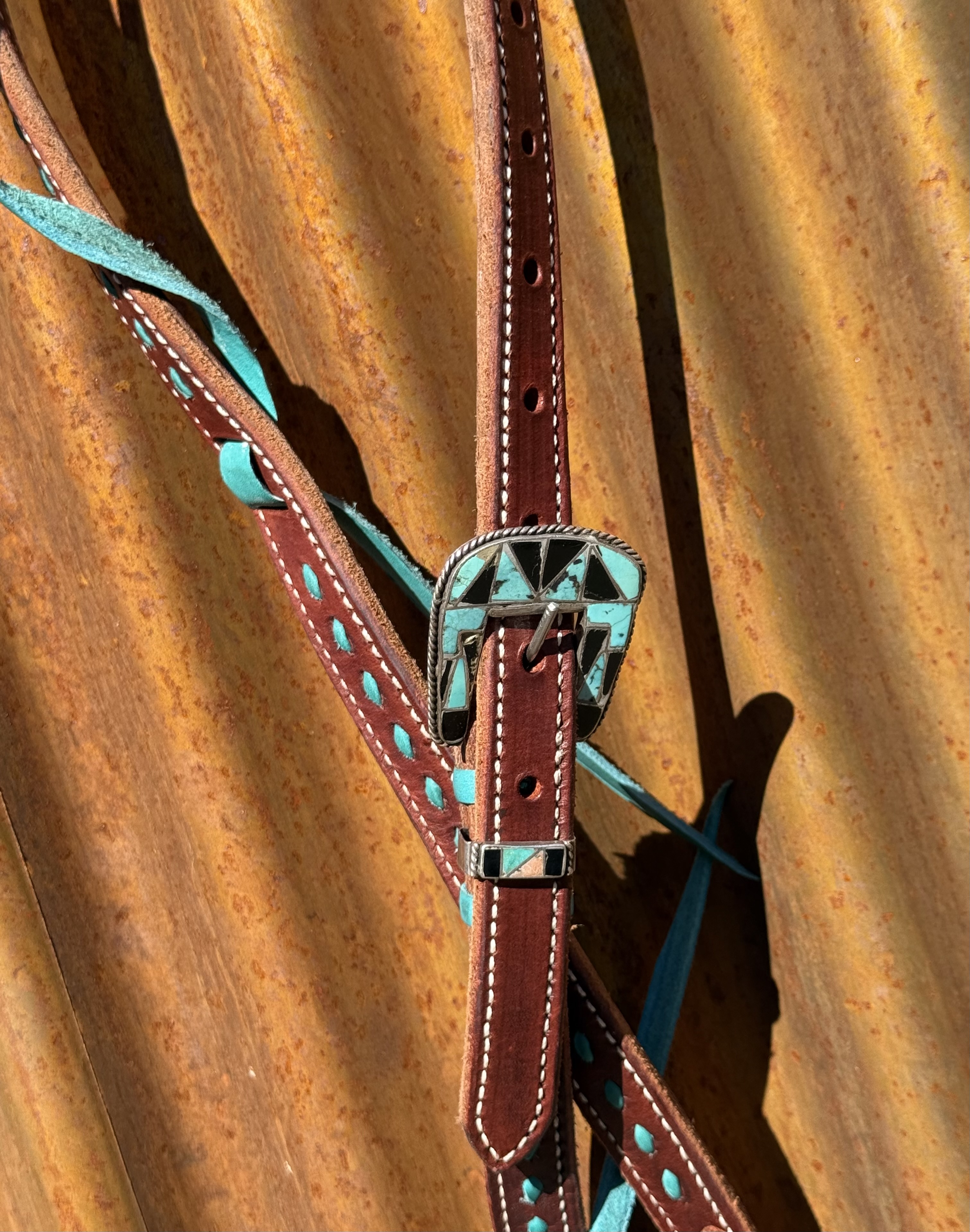 Slip Ear Dark Leather with Turquoise Buckstitch Headstall with Vintage Sterling Silver Headstall - Image 2