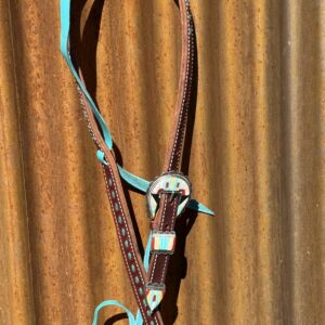 Slip Ear Dark Leather with Turquoise Buckstitch Headstall with Vintage Sterling Silver Headstall