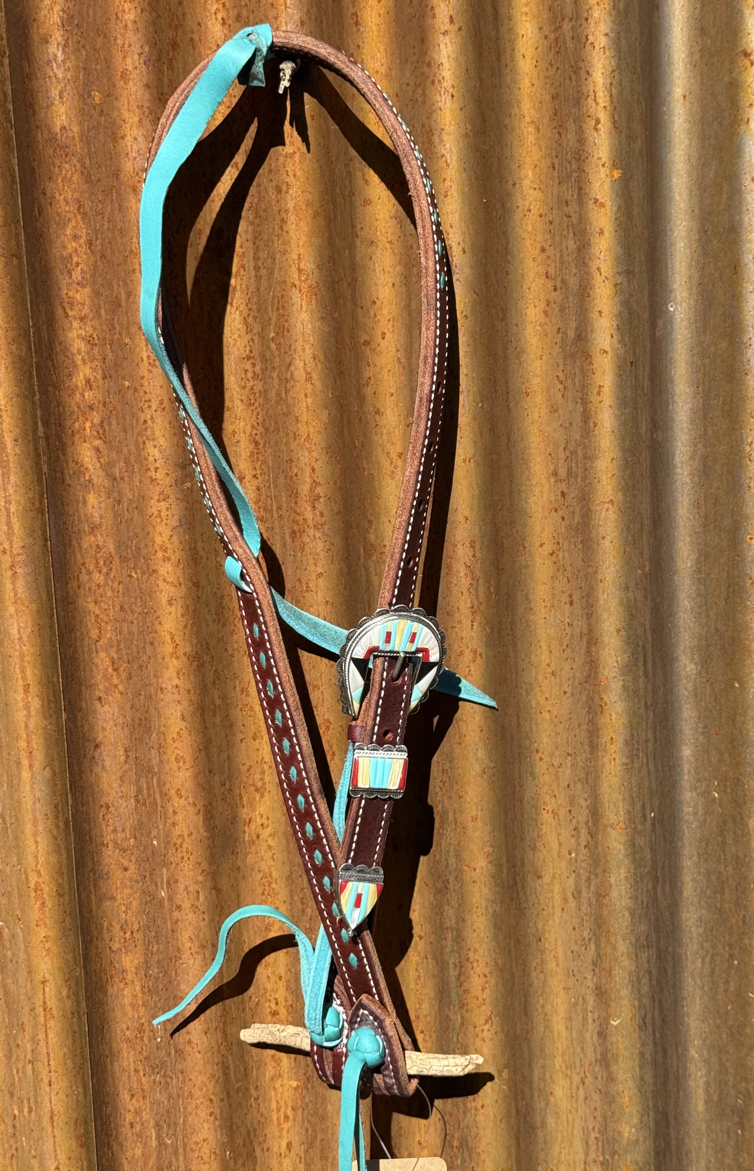 Slip Ear Dark Leather with Turquoise Buckstitch Headstall with Vintage Sterling Silver Headstall
