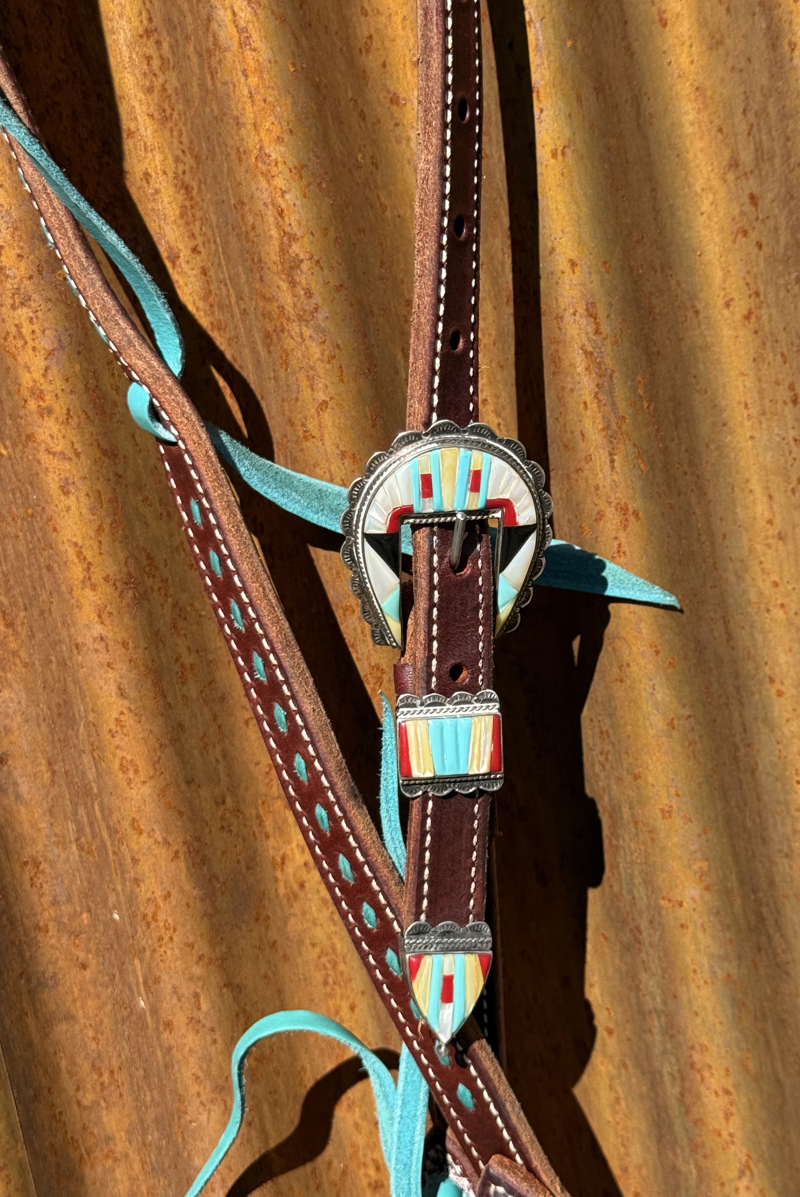 Slip Ear Dark Leather with Turquoise Buckstitch Headstall with Vintage Sterling Silver Headstall - Image 2