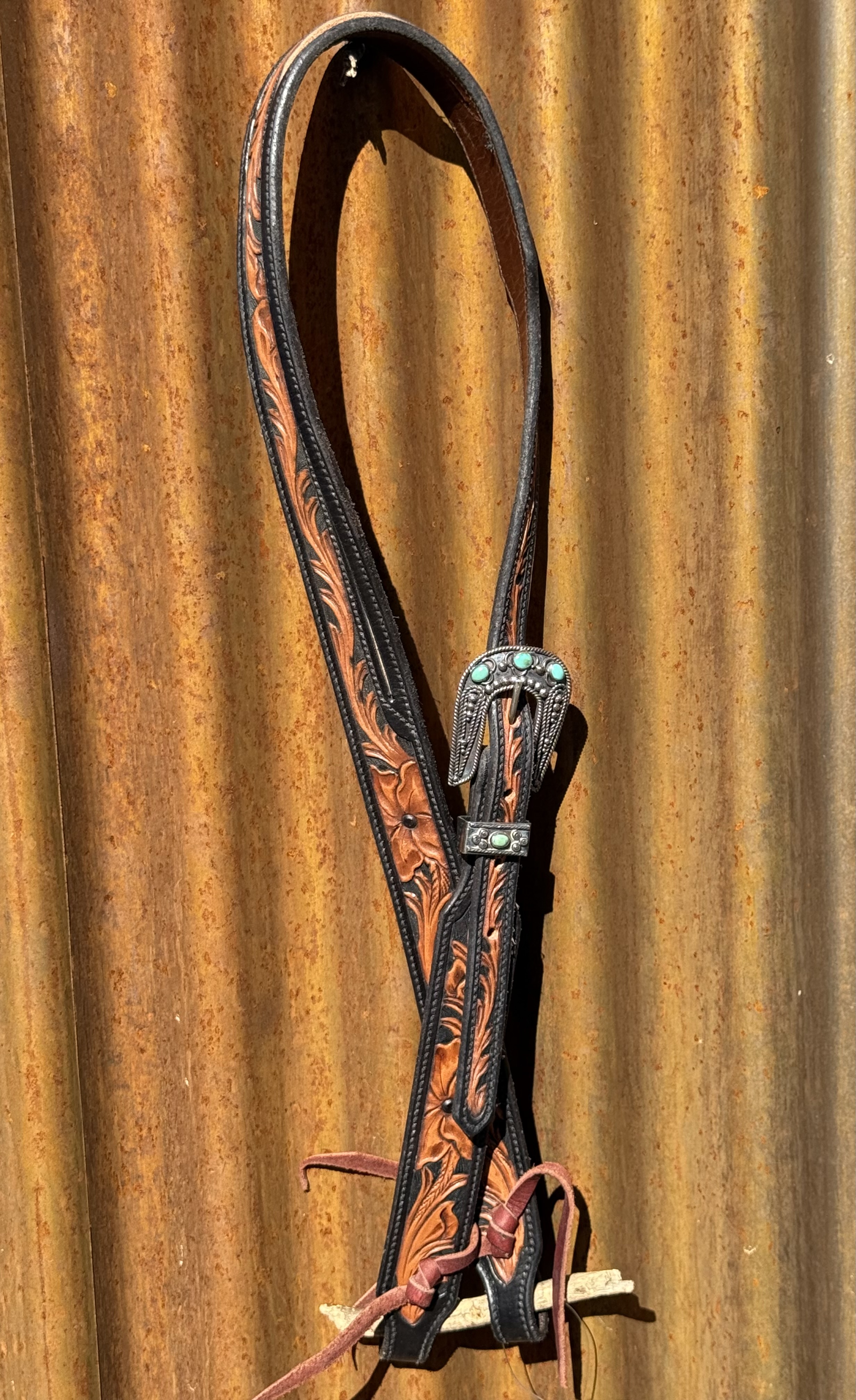 Floral Hand Carved Split Ear Headstall with Vintage Sterling Silver Buckle Set