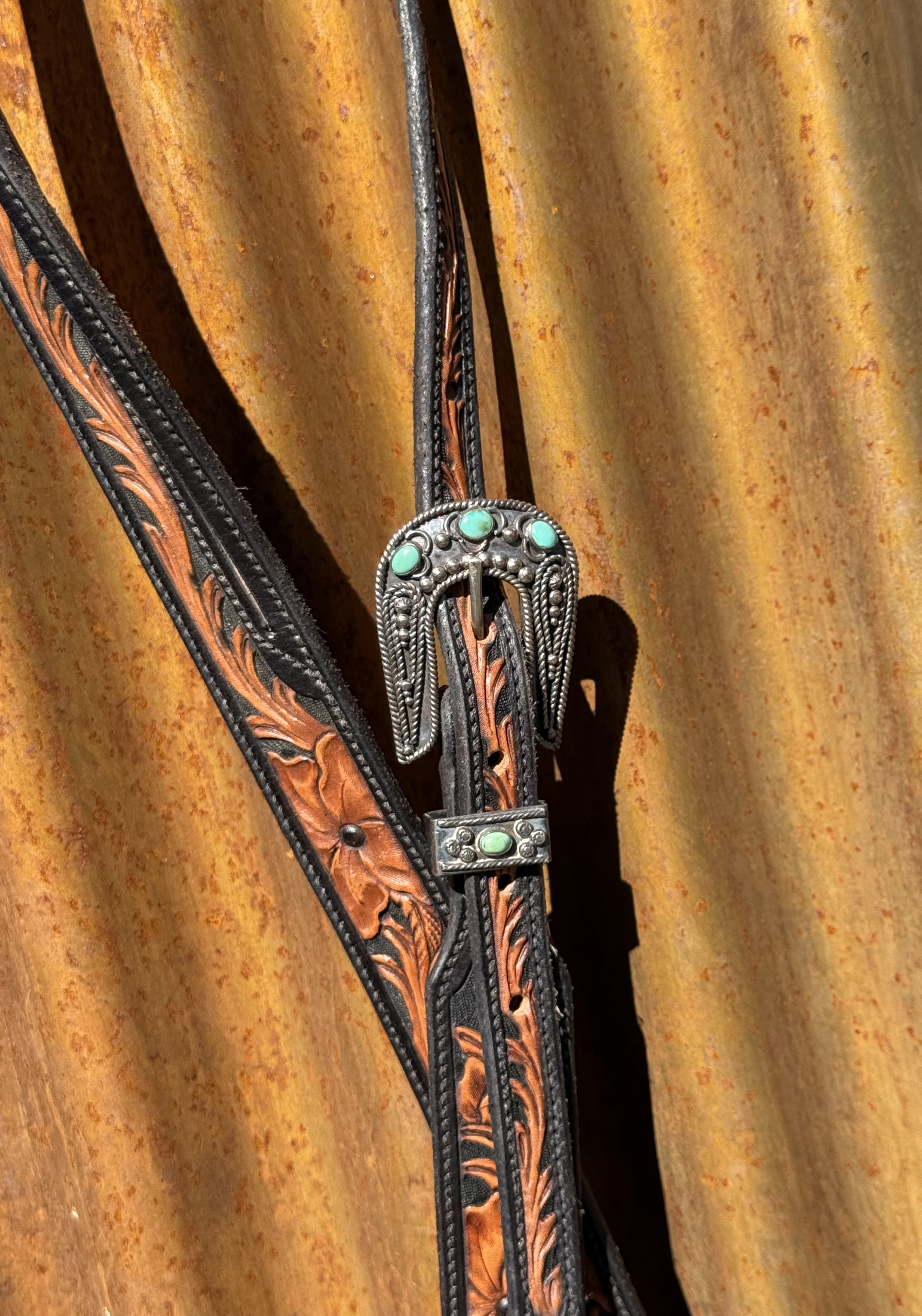 Floral Hand Carved Split Ear Headstall with Vintage Sterling Silver Buckle Set - Image 2