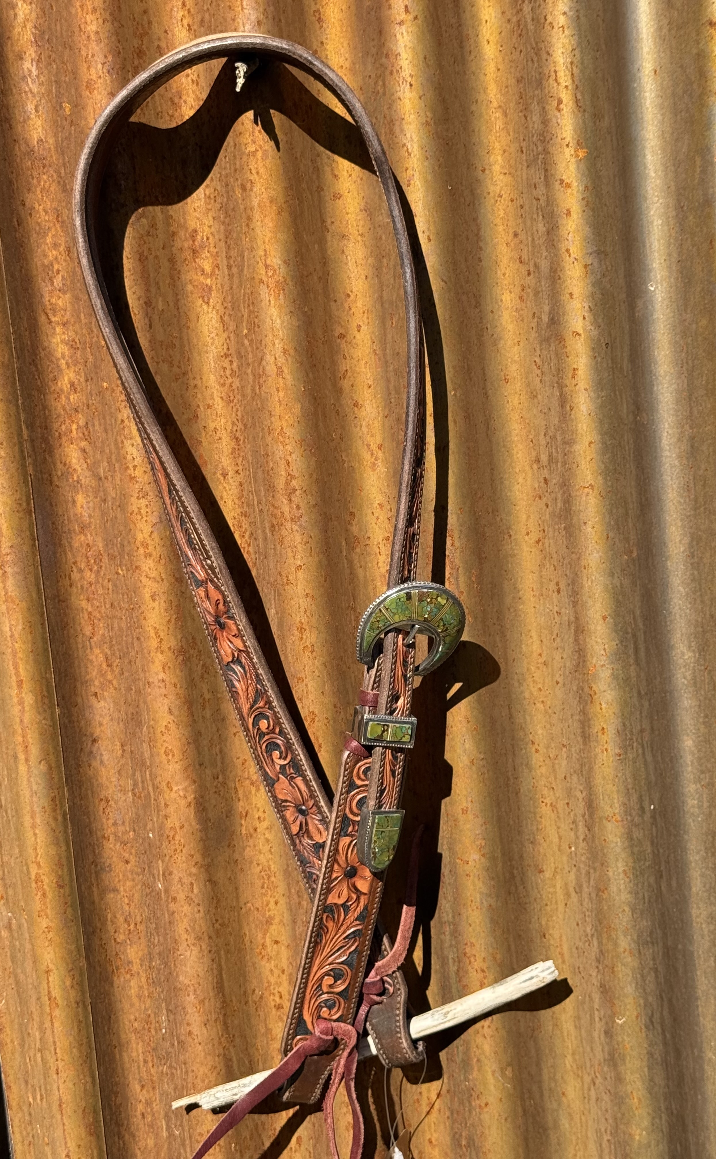 Floral Hand Carved Split Ear Headstall with Vintage Sterling Silver Buckle Set