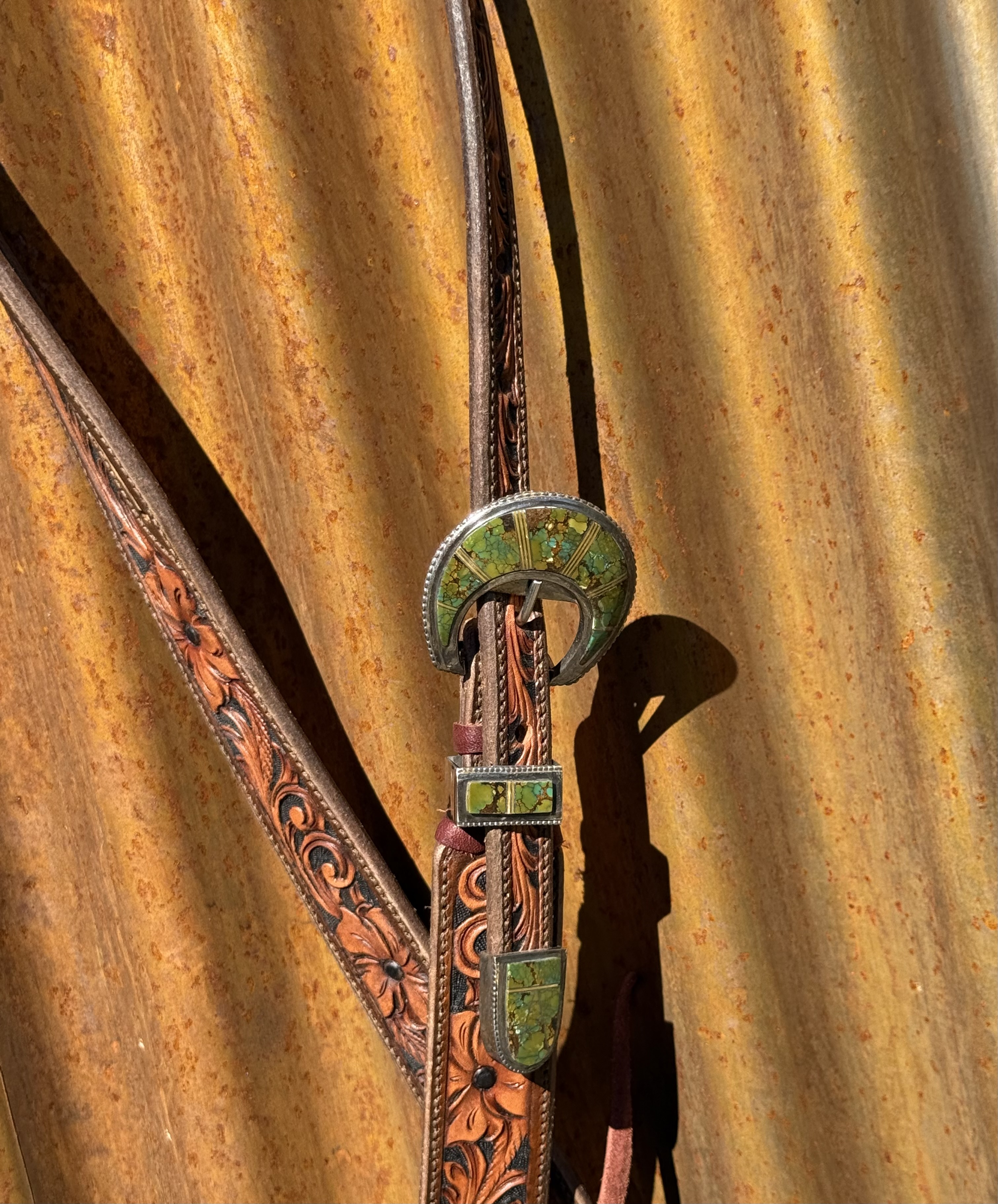 Floral Hand Carved Split Ear Headstall with Vintage Sterling Silver Buckle Set - Image 2