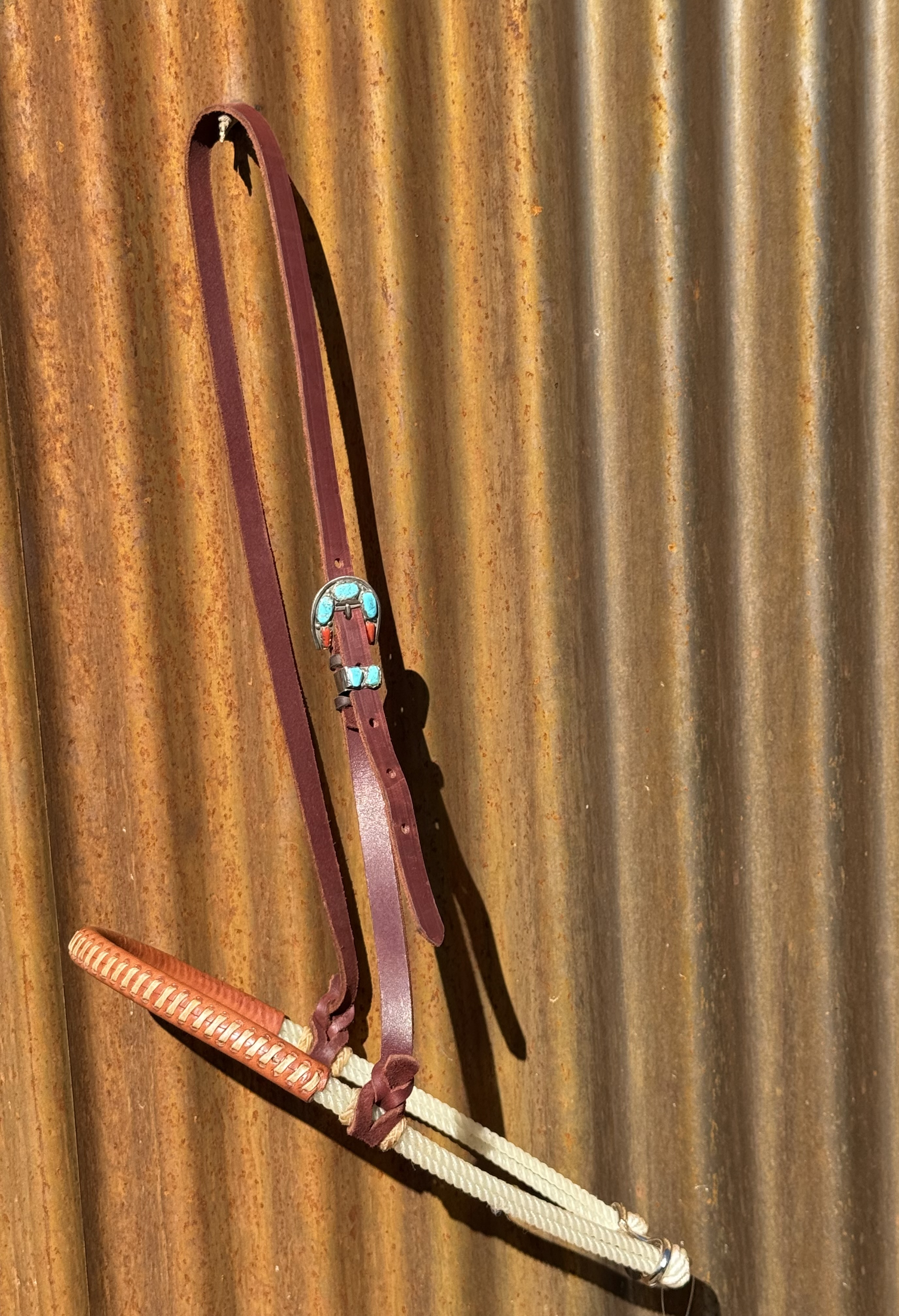 Laced Leather Double Rope Noseband with Vintage Sterling Silver and Turquoise & Coral Buckle