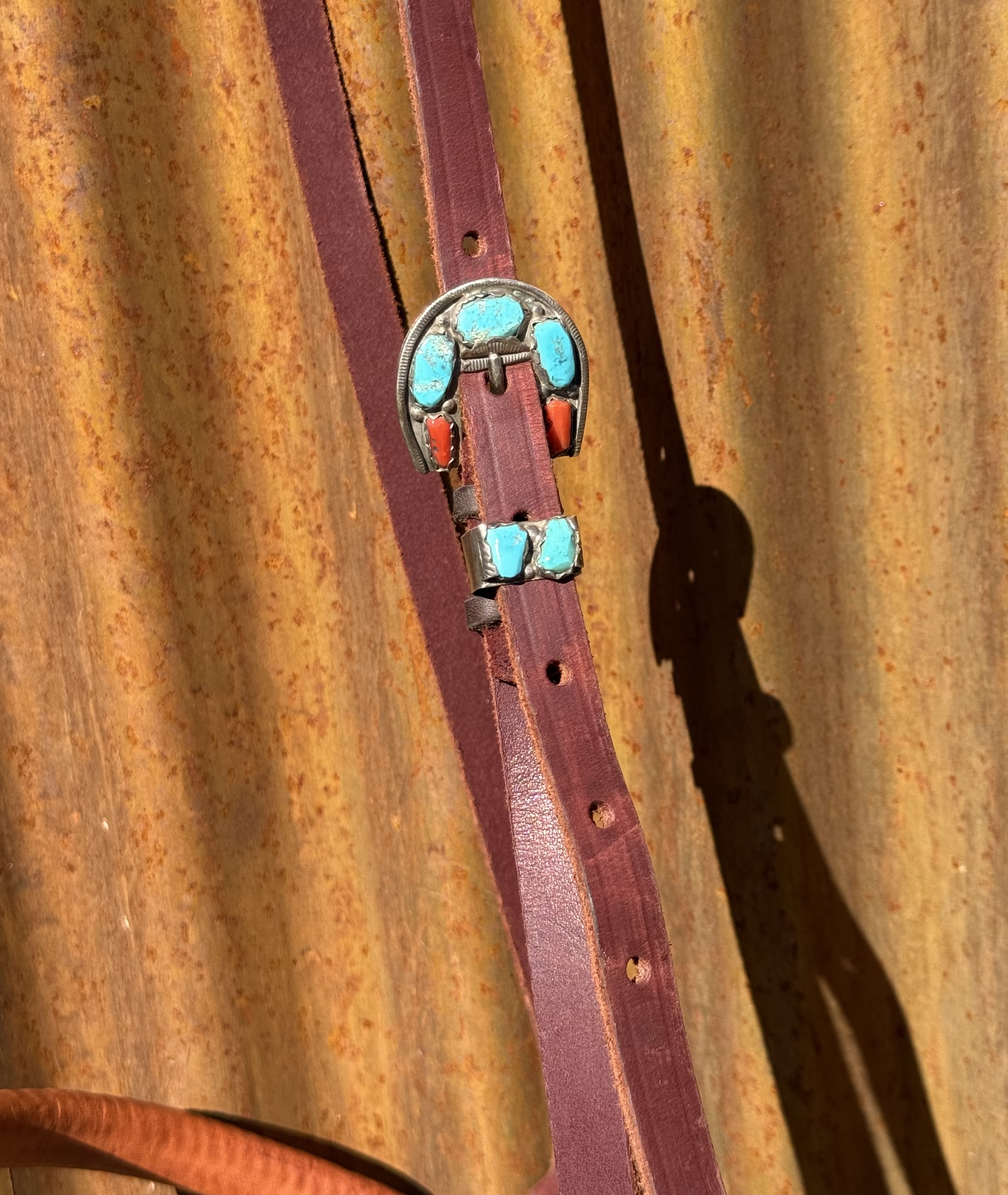 Laced Leather Double Rope Noseband with Vintage Sterling Silver and Turquoise & Coral Buckle - Image 2