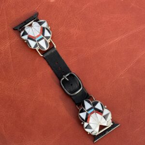 Vintage Sterling Silver Inlaid with Turquoise, Coral, Onyx & Mother of Pearl Stones Watch Band