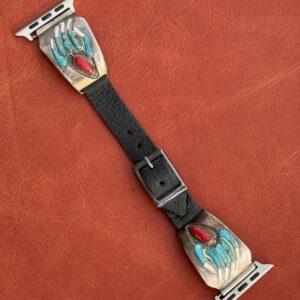 Vintage Sterling Silver Inlaid Bear Claw with Turquoise, Coral  & Mother of Pearl Stones Watch Band