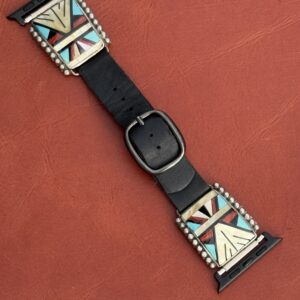 Vintage Sterling Silver Inlaid with Turquoise, Coral Onyx & Mother of Pearl Stones Watch Band