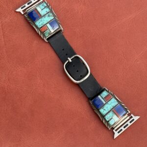 Vintage Sterling Silver Inlaid with Turquoise, Lapis, Coral, Onyx & Opal Watch Band