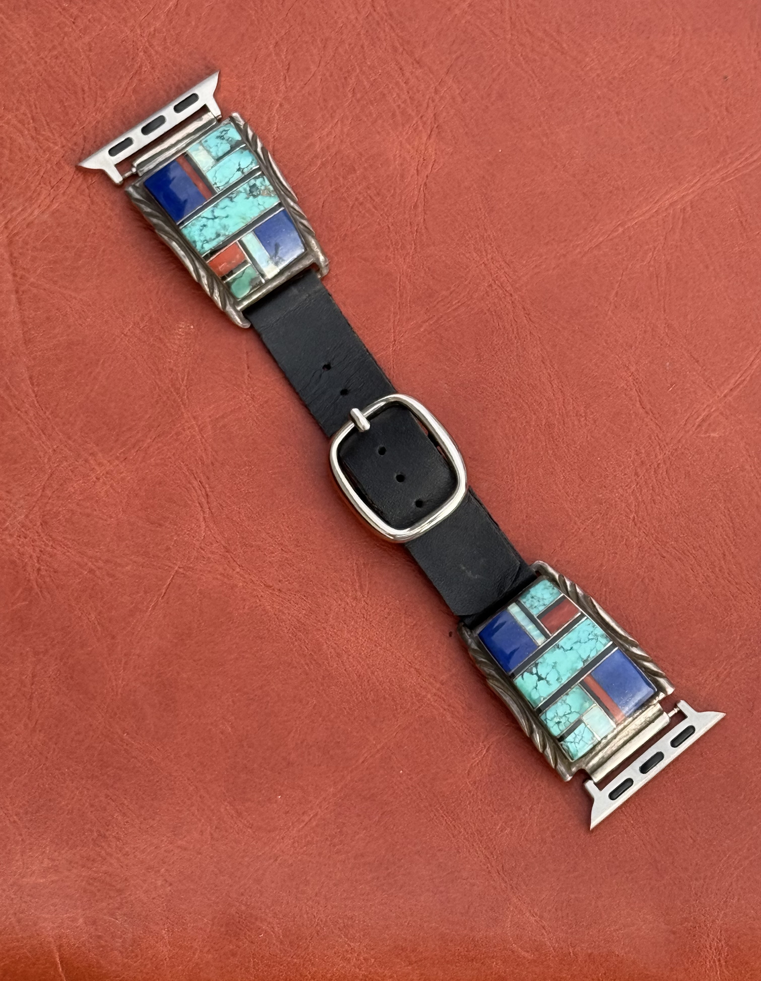 Vintage Sterling Silver Inlaid with Turquoise, Lapis, Coral, Onyx & Opal Watch Band