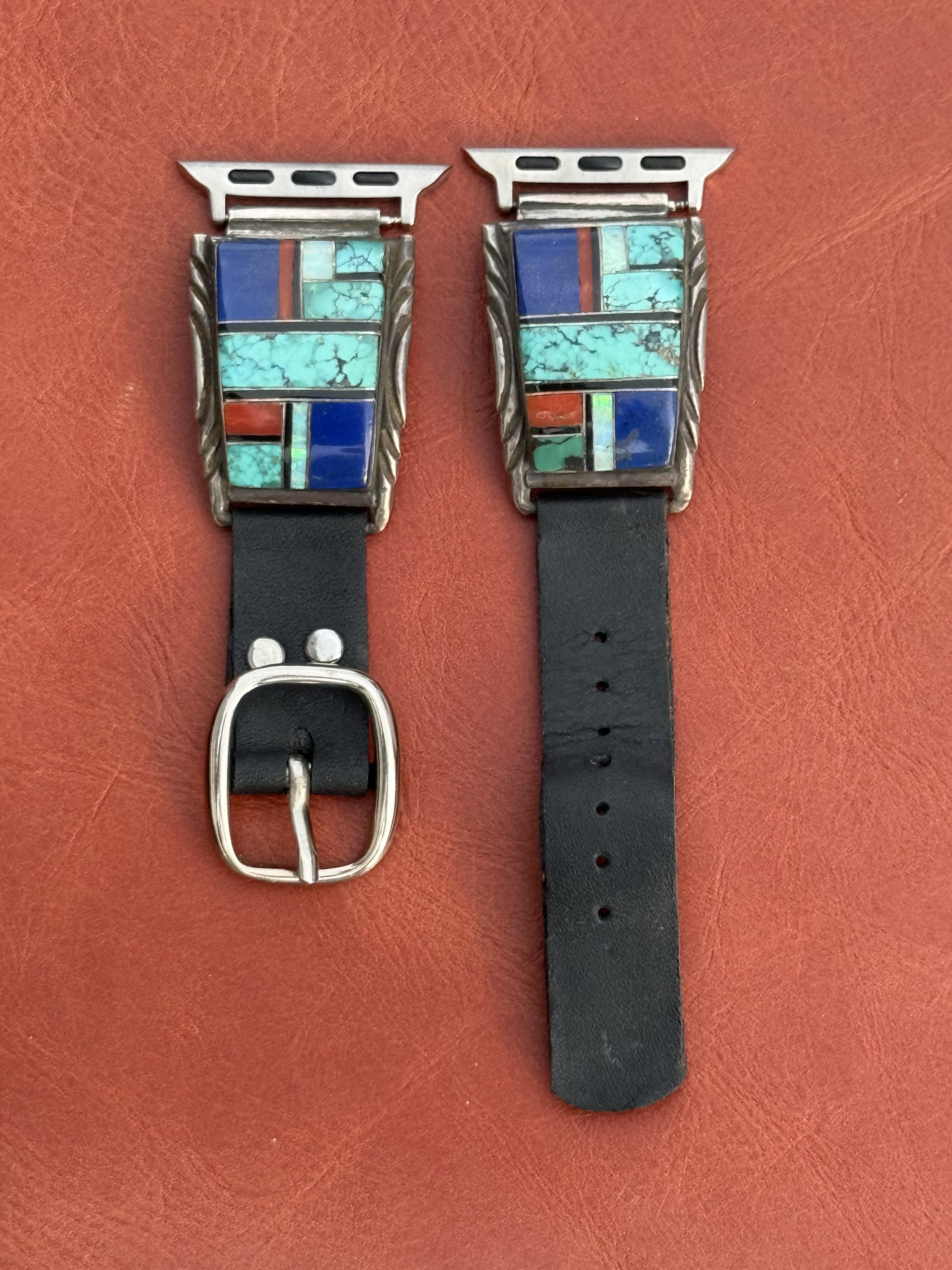 Vintage Sterling Silver Inlaid with Turquoise, Lapis, Coral, Onyx & Opal Watch Band - Image 2