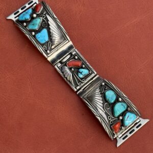 Vintage Sterling Silver with Turquoise Stones & Coral Watch Band