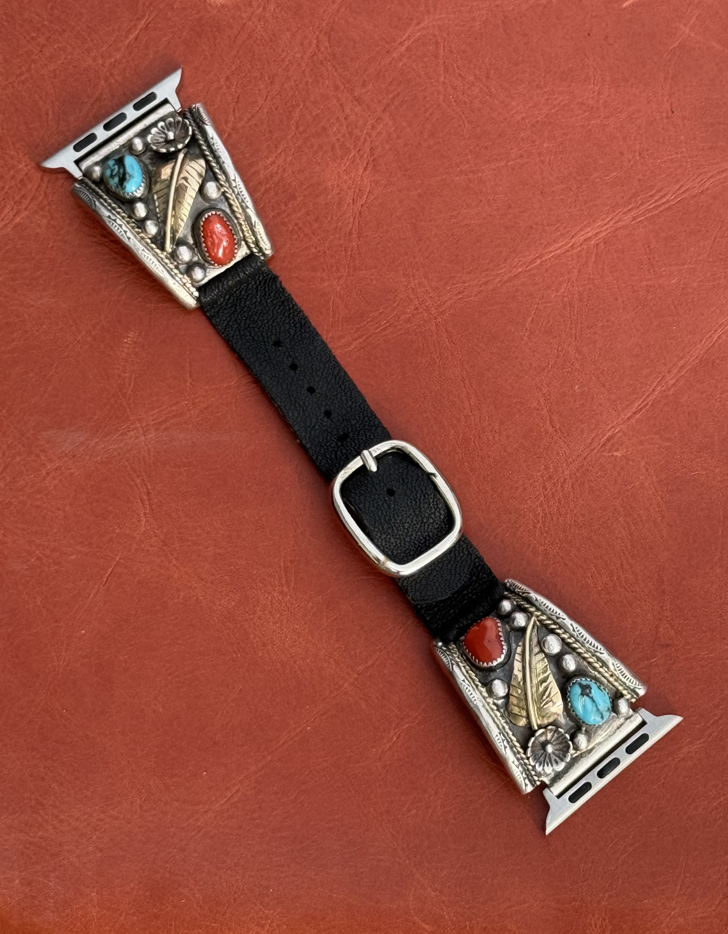 Vintage Sterling Silver with Turquoise Stones & Coral Watch Band