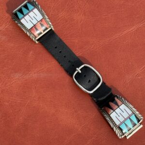 Vintage Sterling Silver Inlaid with Turquoise, Mother of Pearl, Onyx & Spiny Oyster Watch Band