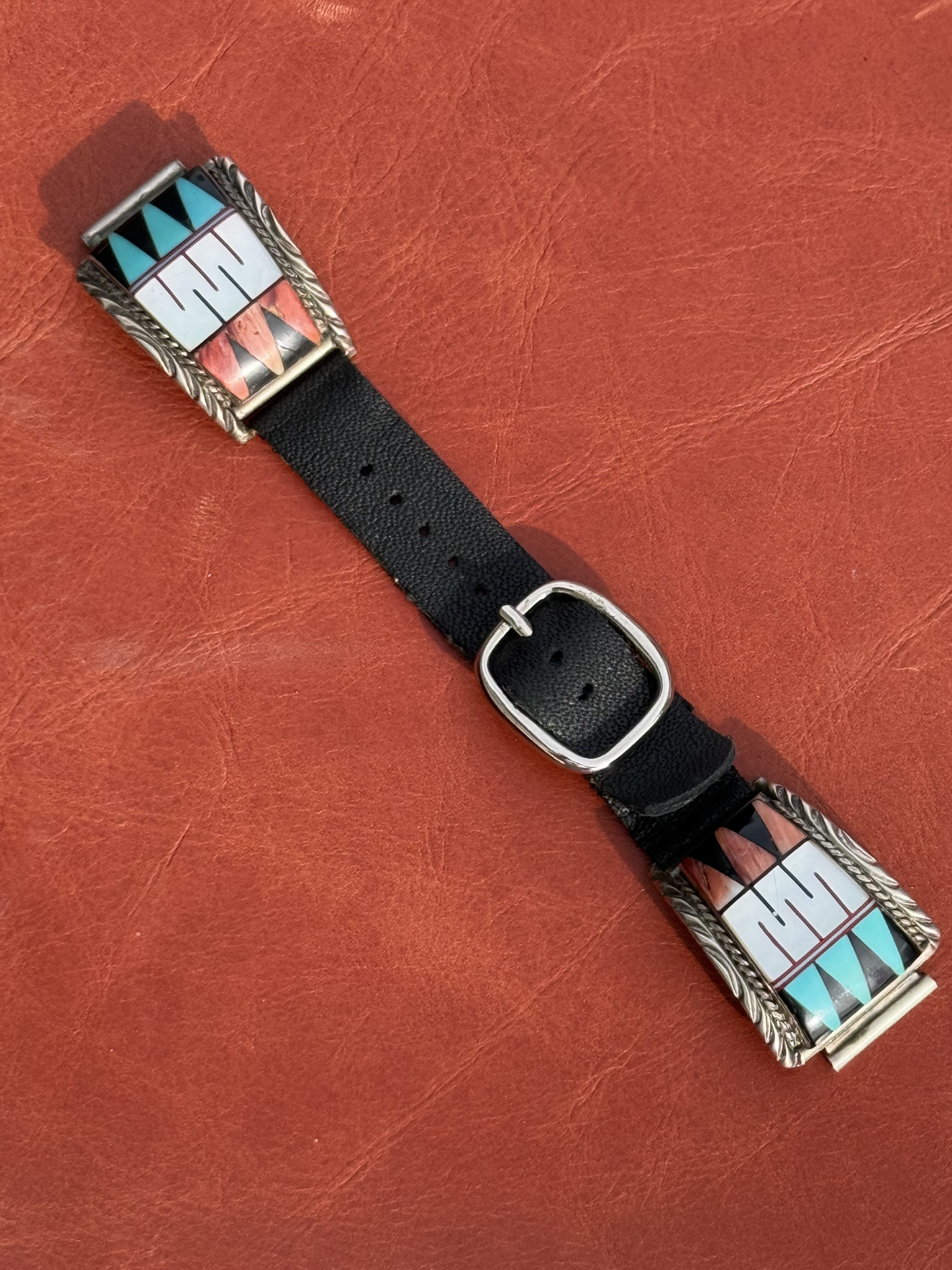 Vintage Sterling Silver Inlaid with Turquoise, Mother of Pearl, Onyx & Spiny Oyster Watch Band