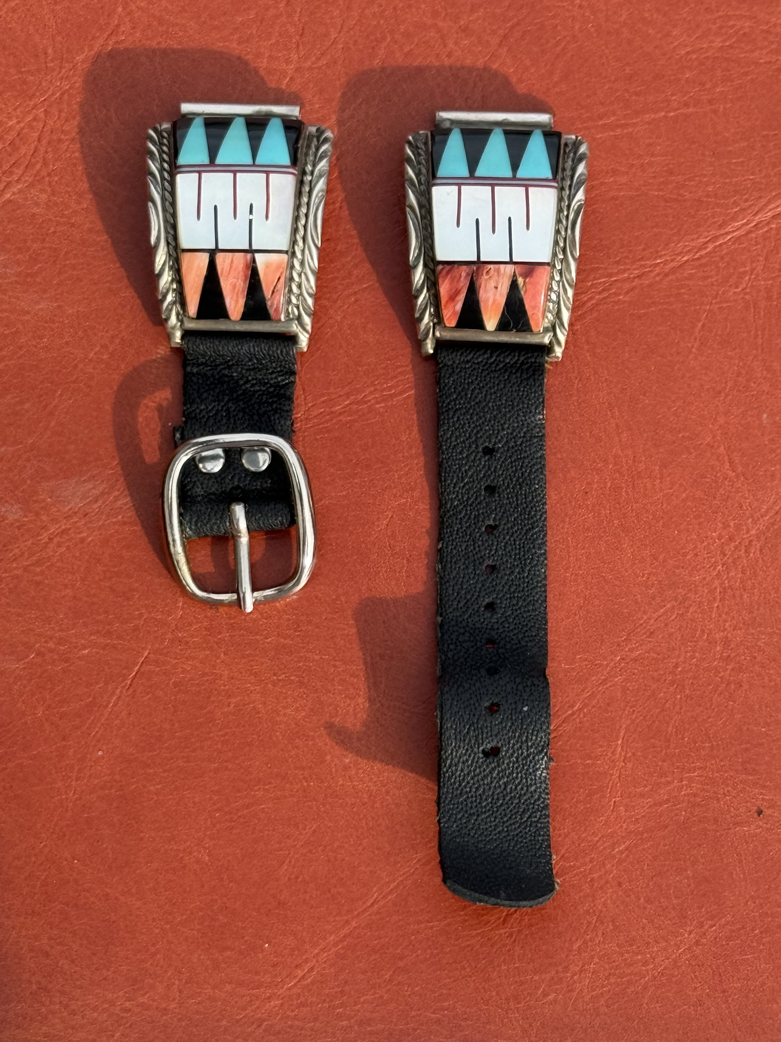 Vintage Sterling Silver Inlaid with Turquoise, Mother of Pearl, Onyx & Spiny Oyster Watch Band - Image 2