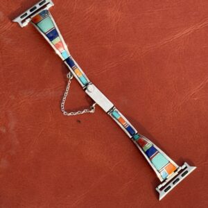 Vintage Sterling Silver Inlaid with Turquoise, Lapis, Onyx & Spiny Oyster Watch Band