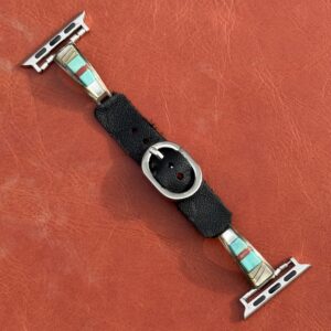 Vintage Sterling Silver Inlaid with Turquoise, Coral & Mother of Pearl Watch Band