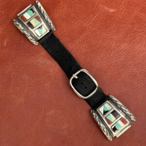 Vintage Sterling Silver Inlaid with Turquoise, Coral, Mother of Pearl & Onyx Watch Band