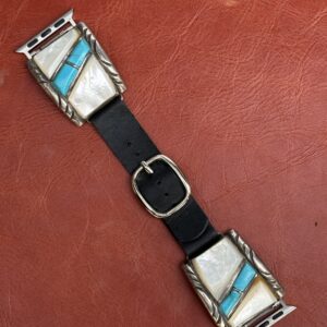 Vintage Sterling Silver Inlaid with Turquoise & Mother of Pearl Watch Band