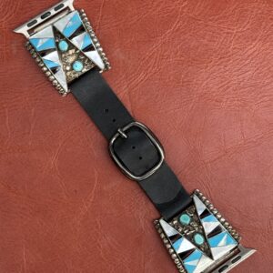Vintage Sterling Silver Inlaid with Turquoise, Mother of Pearl & Onyx Watch Band