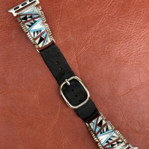 Vintage Sterling Silver Inlaid with Turquoise, Coral, Mother of Pearl & Onyx Watch Band