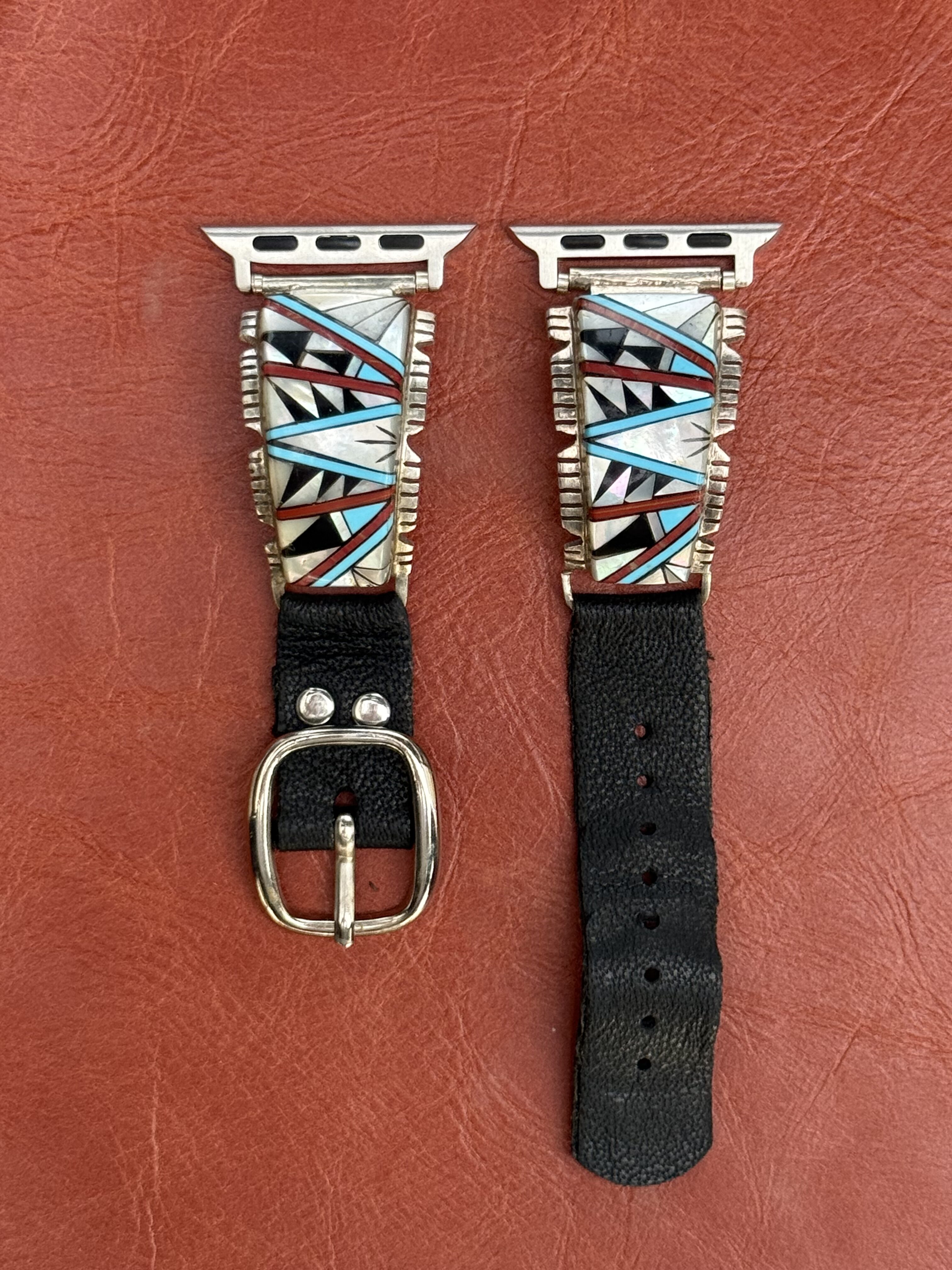 Vintage Sterling Silver Inlaid with Turquoise, Coral, Mother of Pearl & Onyx Watch Band - Image 2